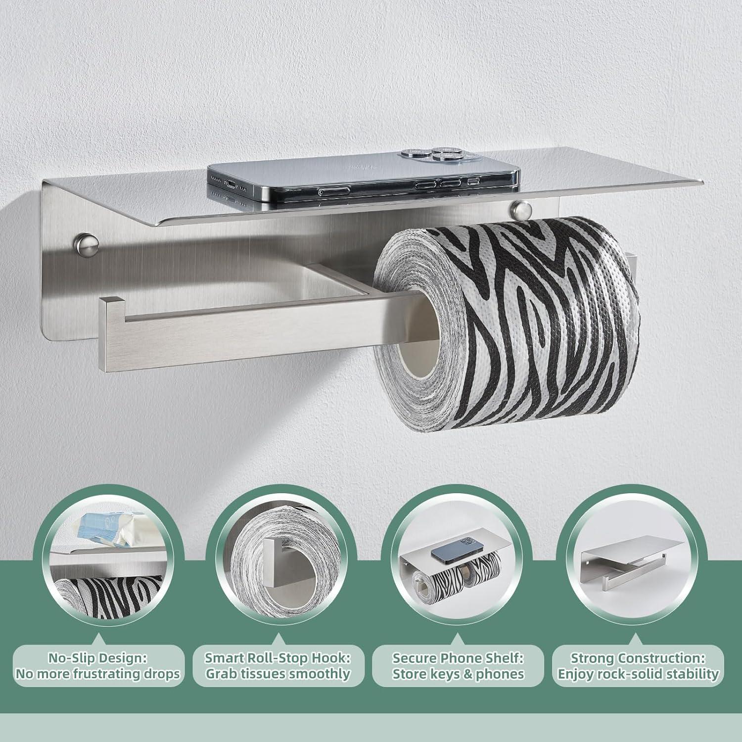 Double Toilet Paper Holder with Shelf Brushed Nickel, Modern Bathroom Accessories SUS 304 Stainless Steel Commercial Tissue Roll Dispenser Mobile Phone Storage Rack Handy Use