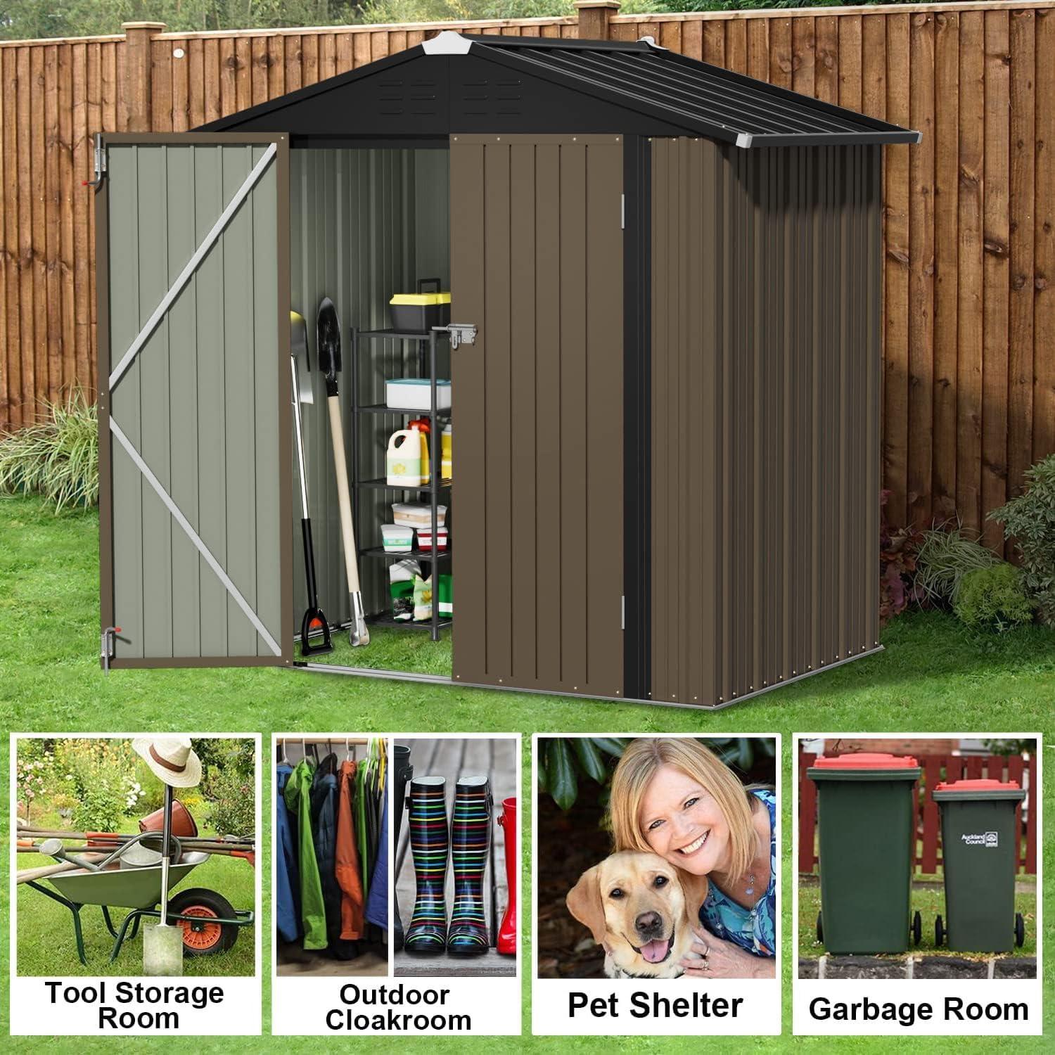 Lofka 6ft x 4ft Metal Garden Shed for Outdoor Storage, Brown