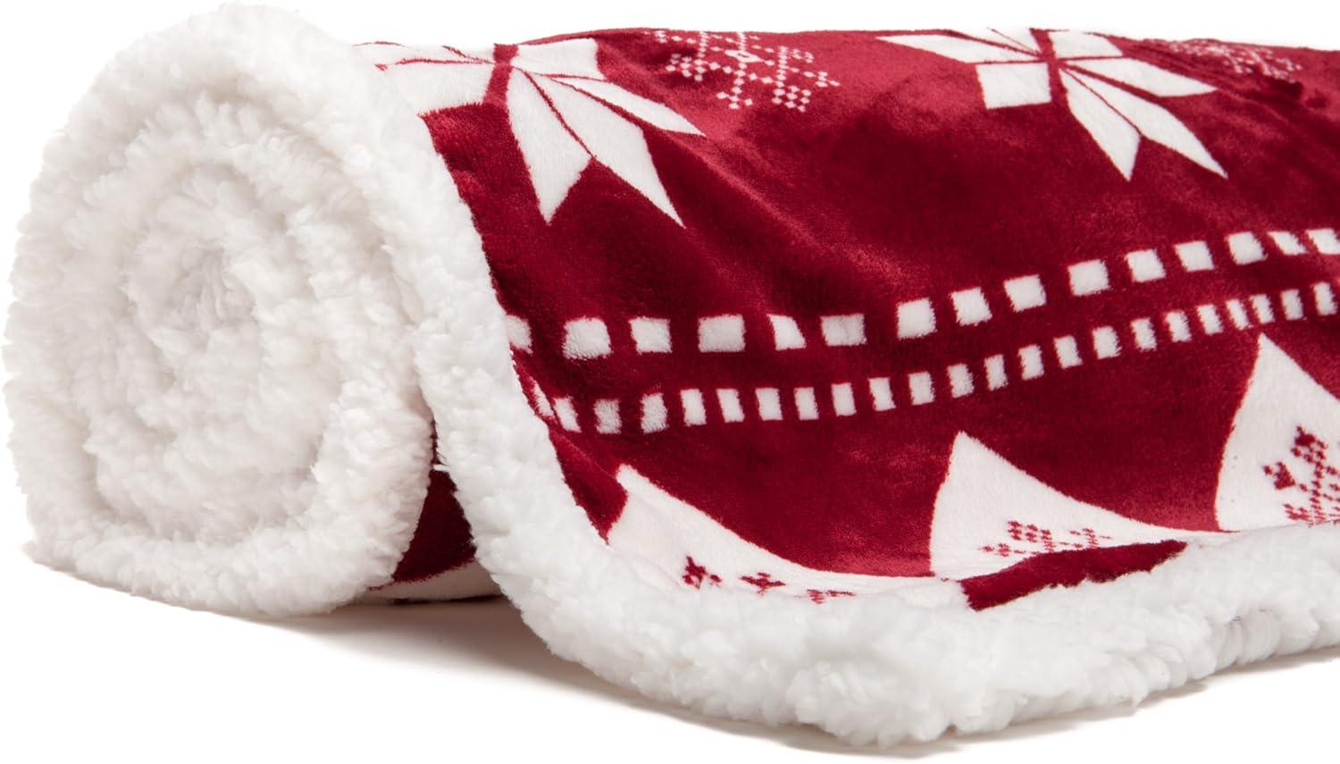 Chanasya Super Soft Fleece Sherpa Holiday Throw Blanket - Luxurious Snuggly Cozy Warm Hypoallergenic Vibrant Burgundy Red and White for Sofa Couch Bed Holiday Gift ( 50" x 65")- Machine Washable