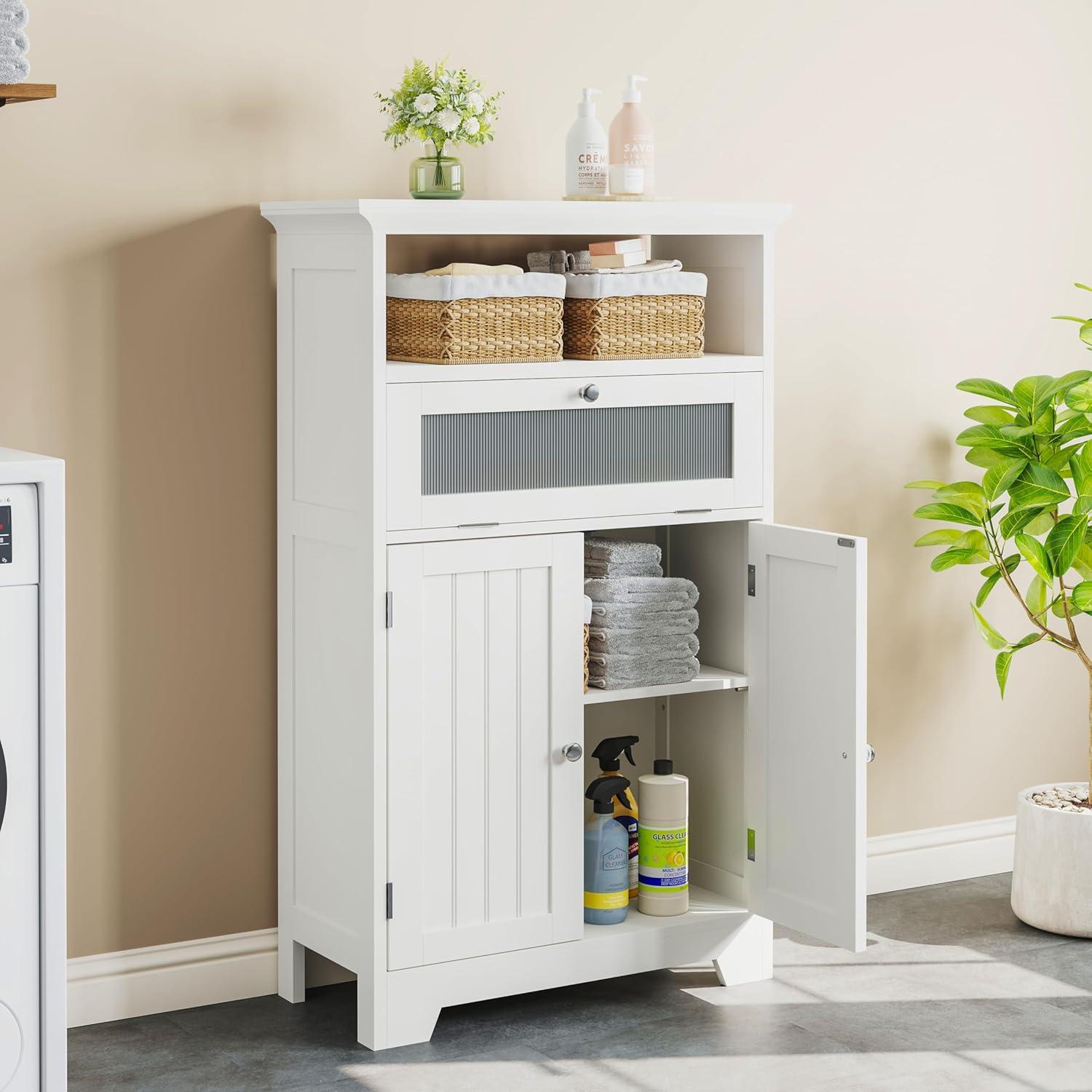 White MDF Bathroom Cabinet with Adjustable Shelving and Flip Glass Drawer