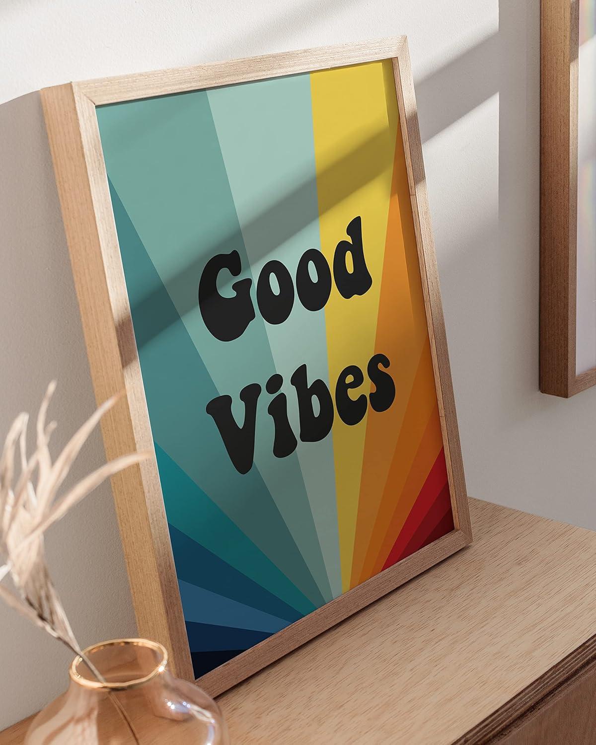 HAUS AND HUES Dope Posters Good Vibes Wall Decor - Good Vibes Only Wall Decor and Retro Posters | Good Vibes Only Wall Art and Retro Posters for Room Aesthetic Hippie Posters BEIGE FRAMED 12" x 16"