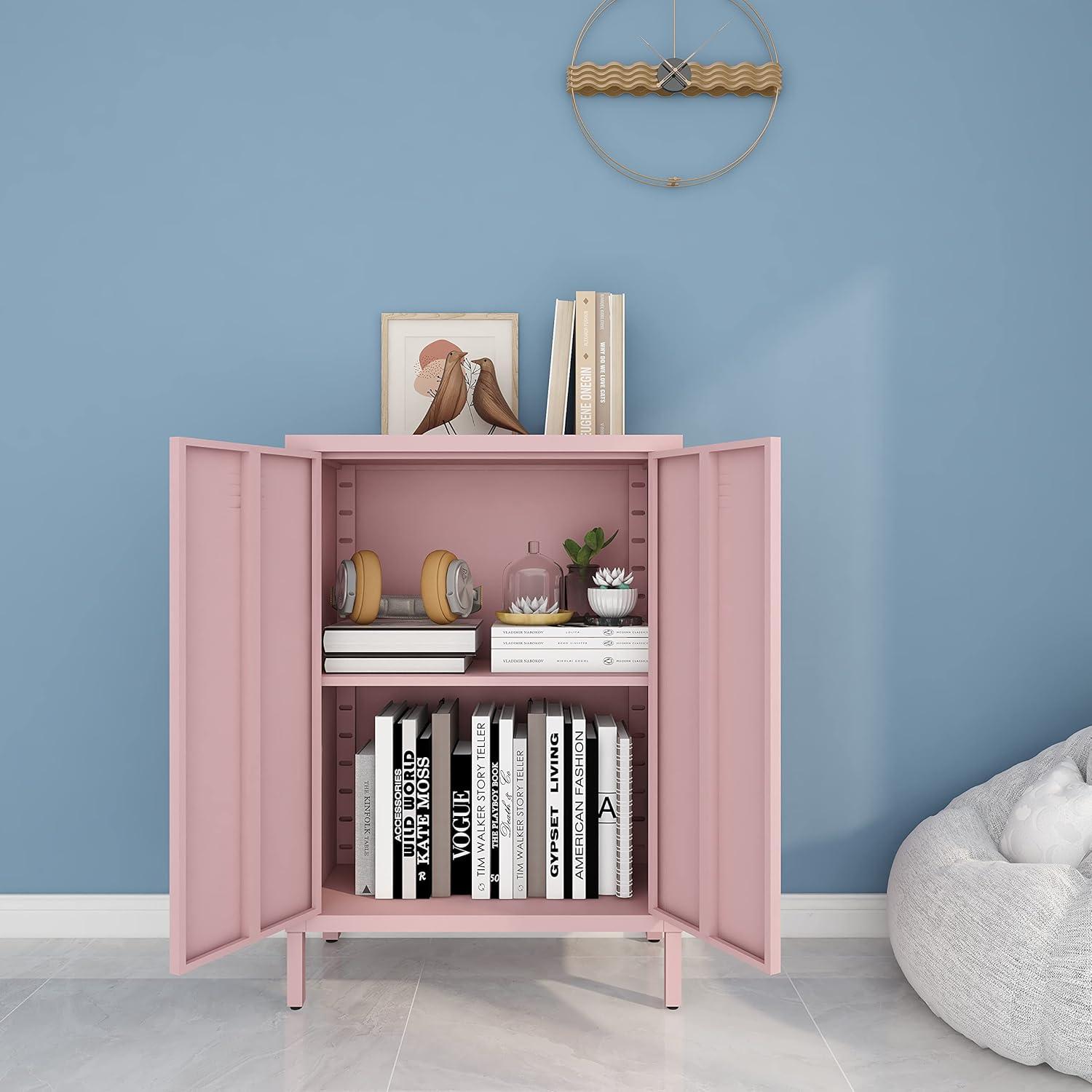 Pink Metal Freestanding Storage Cabinet with Adjustable Shelves