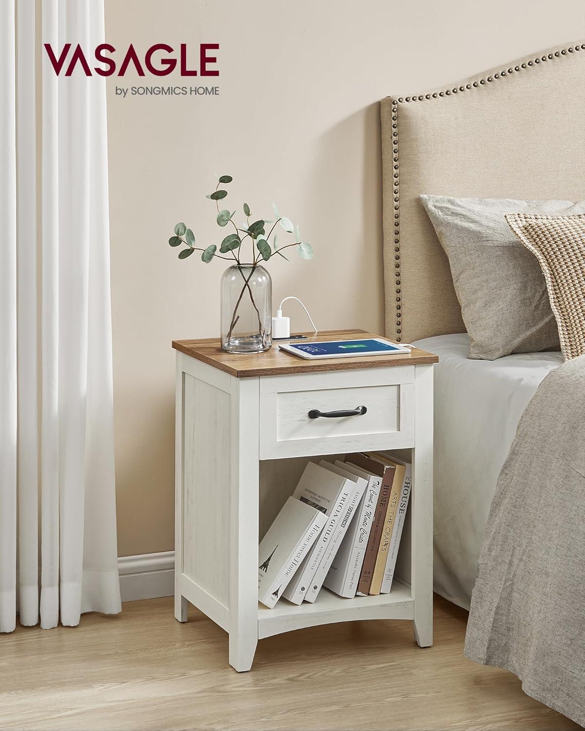 Rustic White and Honey Brown Nightstand with Charging Station