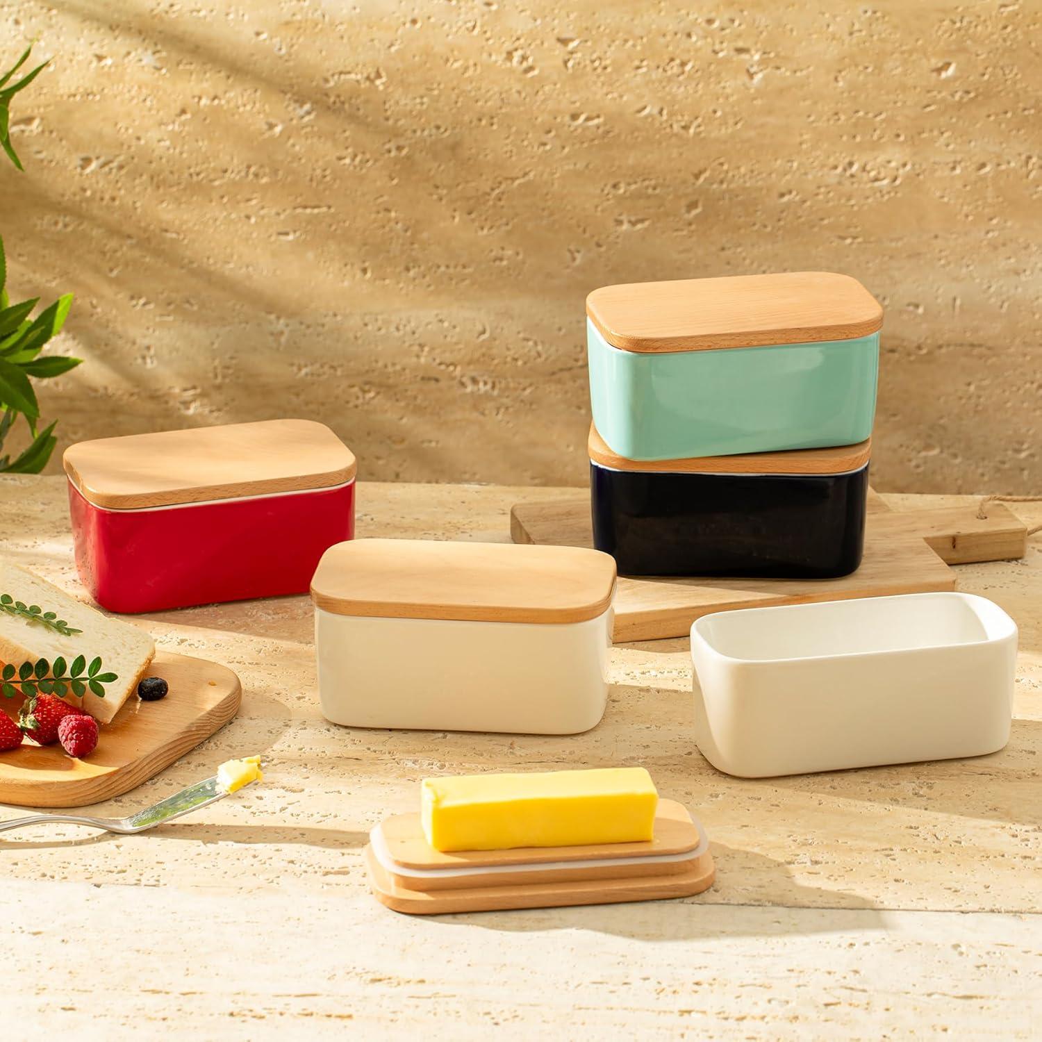 [new and improved] sweese 3151 large butter dish - airtight butter keeper holds up to 2 sticks of butter - porcelain container with beech