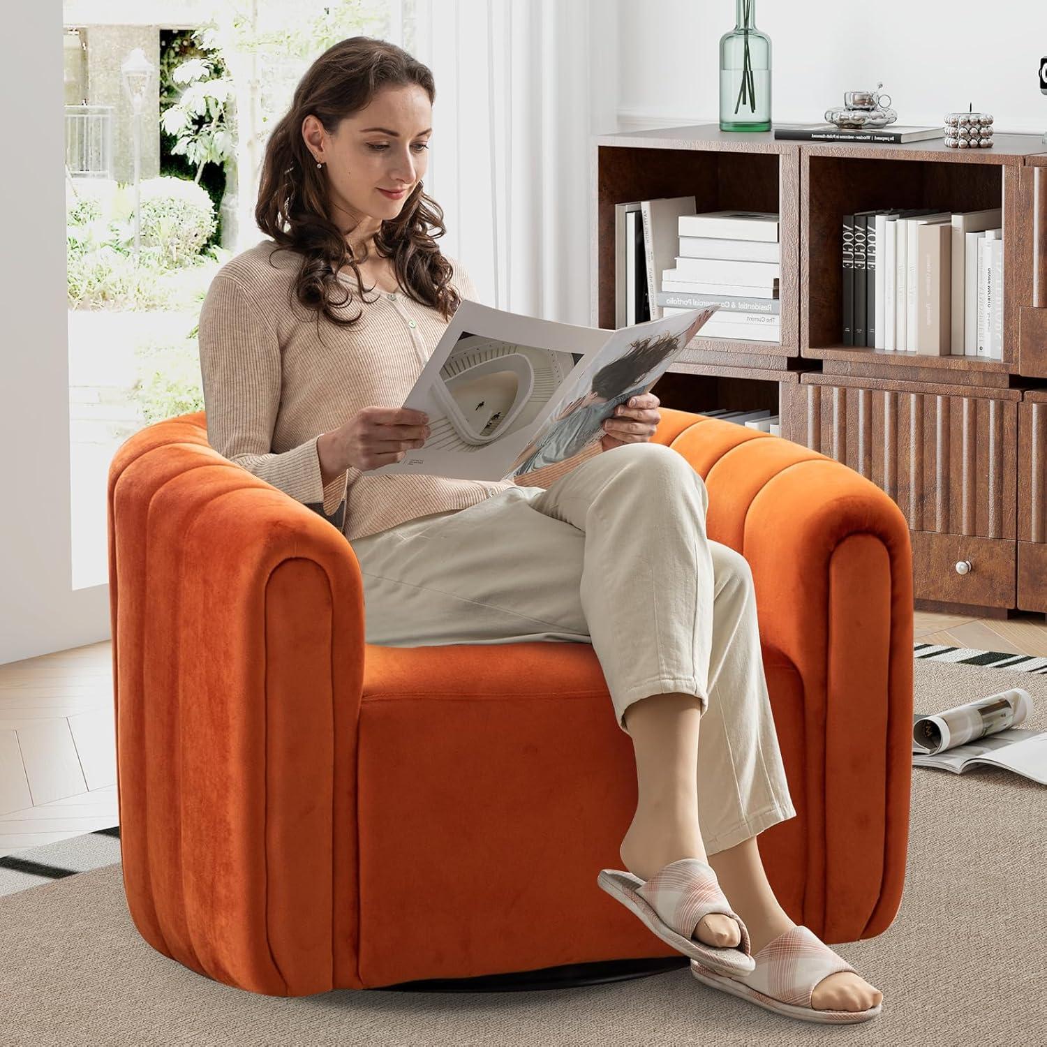 EBELLO  Oversize Velvet Swivel 360° Rotation Barrel Comfy Round Armchair With Plump Pillow Suitable For Living Room Bedroom Orange