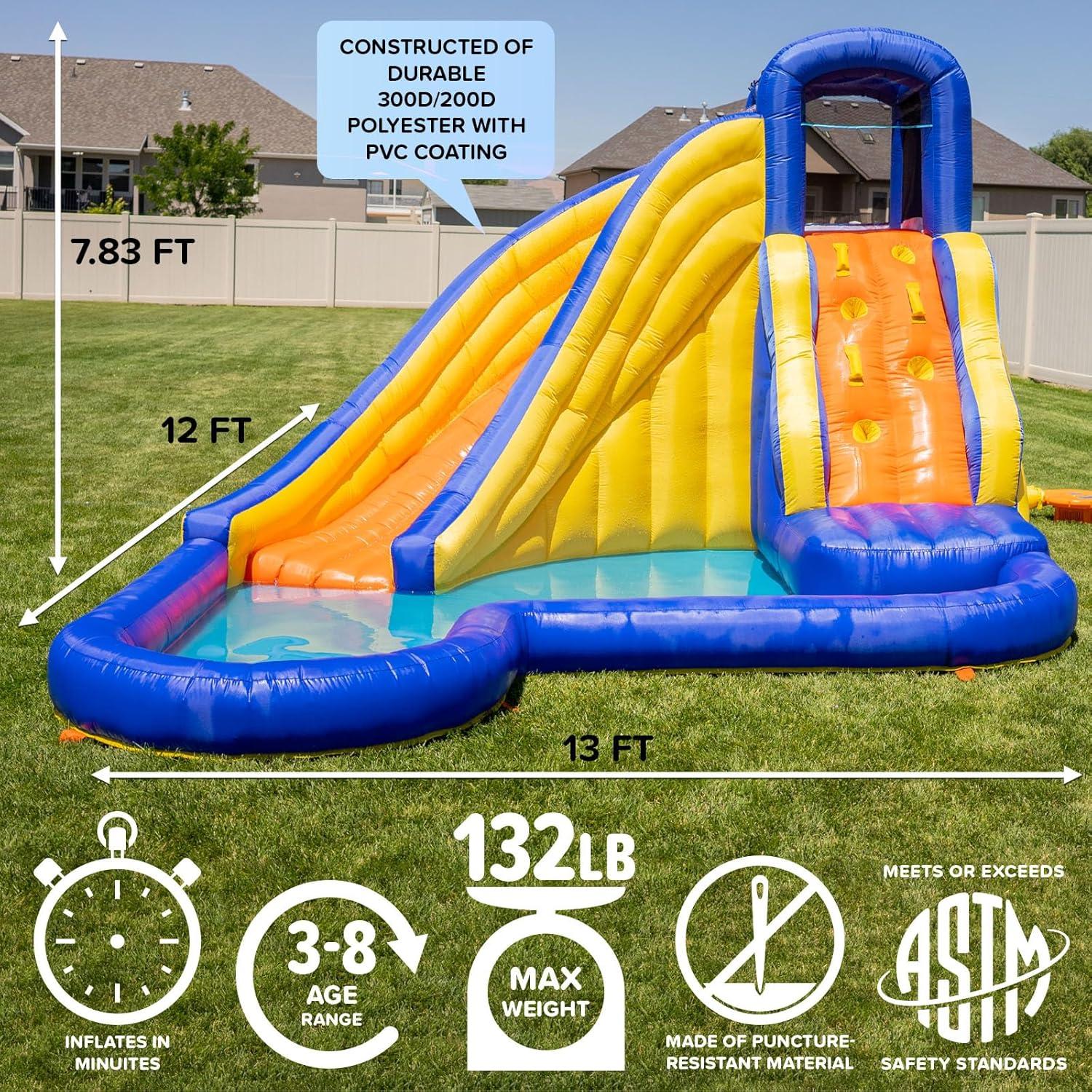 Sportspower™ Big Wave II Inflatable Water Slide with Climbing Wall & Splash Pool, Ages 3-8, Heavy Duty, ASTM Certified, Lifetime Warranty on Included Blower