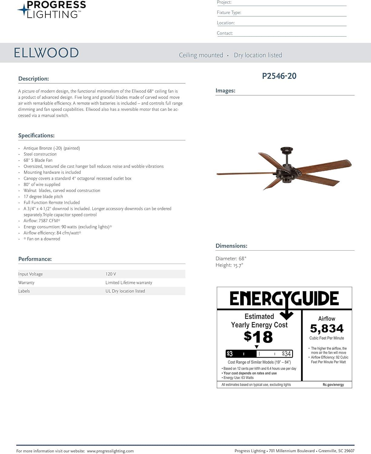 Progress Lighting Ellwood 68 Ellwood 68" 5 Blade Indoor Ceiling Fan - Bronze