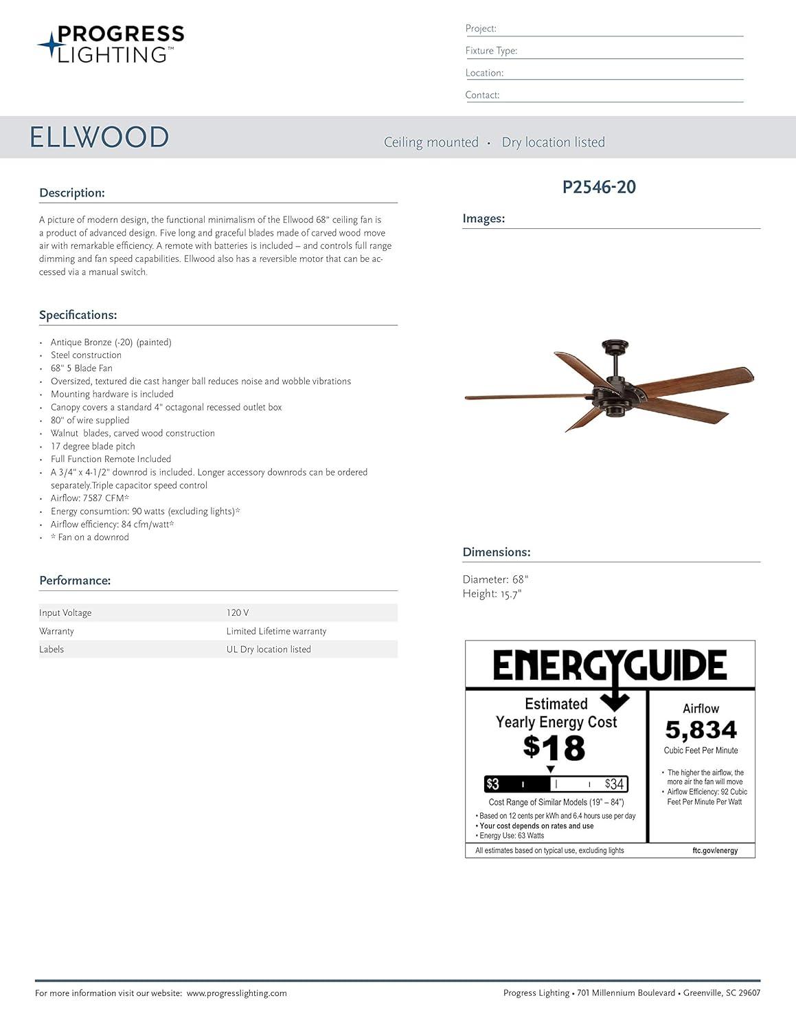 P2546-20-Progress Lighting-Ellwood - Wide - Ceiling Fan - Handheld Remote in Transitional and Coastal style - 68 Inches wide by 15.75 Inches