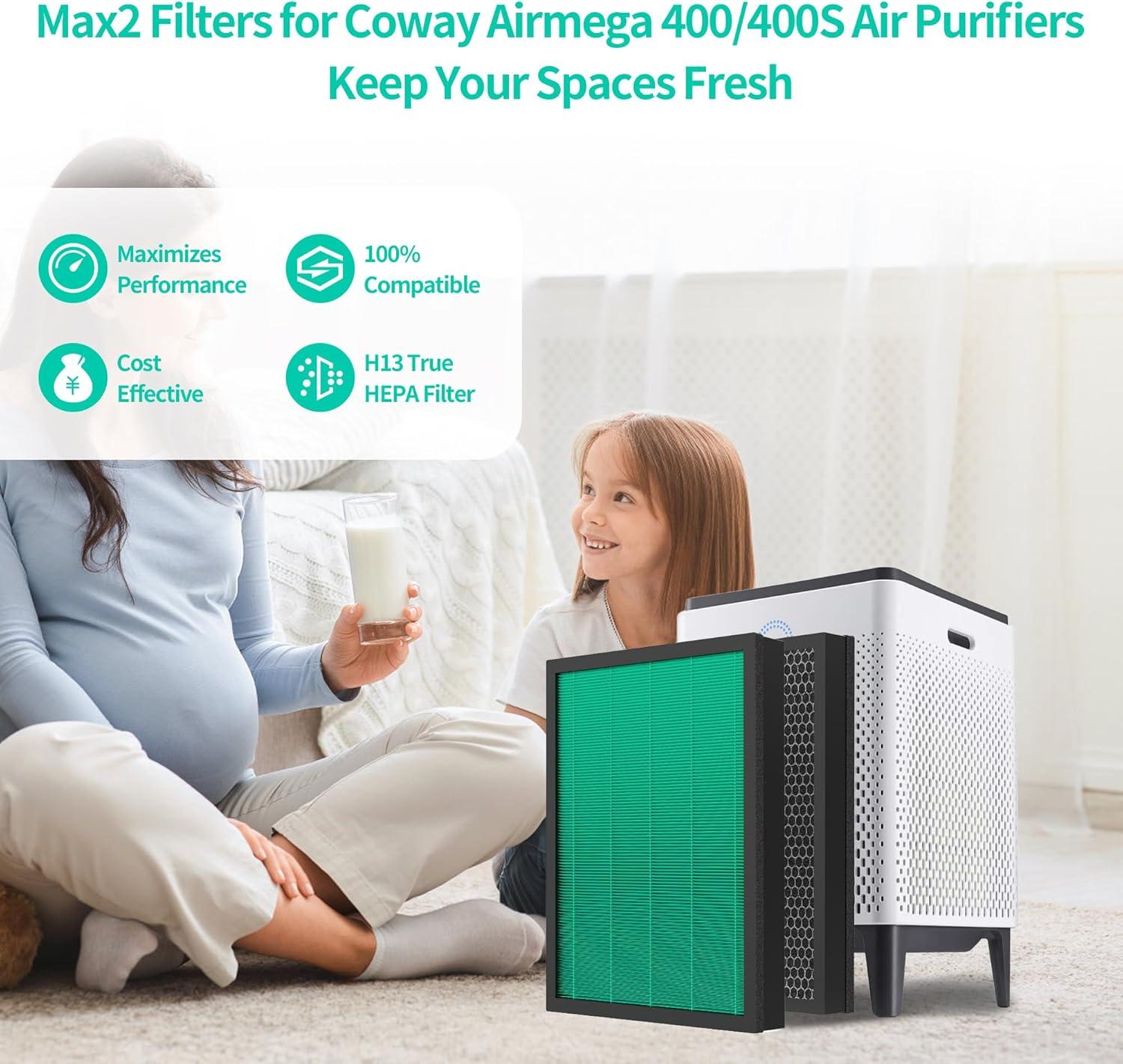 Coway Replacement Max2 Filter Set for Airmega 400 Series: True HEPA, Captures Smoke & Dust, Compatible with Coway Purifiers