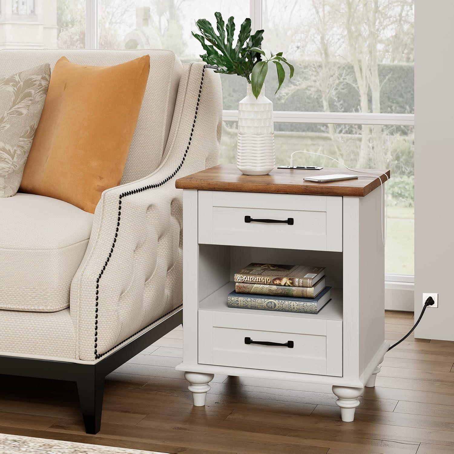 Antique White and Oak 2-Drawer Nightstand with Charging Station