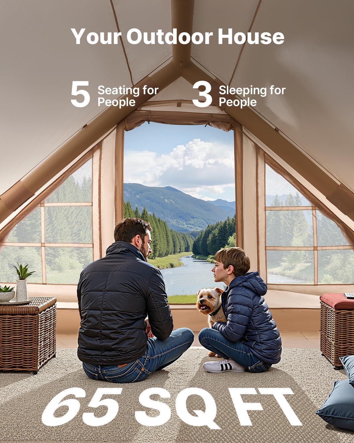 VEVOR Inflatable Tents for Camping, Easy Setup Blow up Tent with Hand Pump, 4 Season Glamping Tent with Stove Jack, Doors & Mesh Windows, Storage Bag Included for Easy Taking