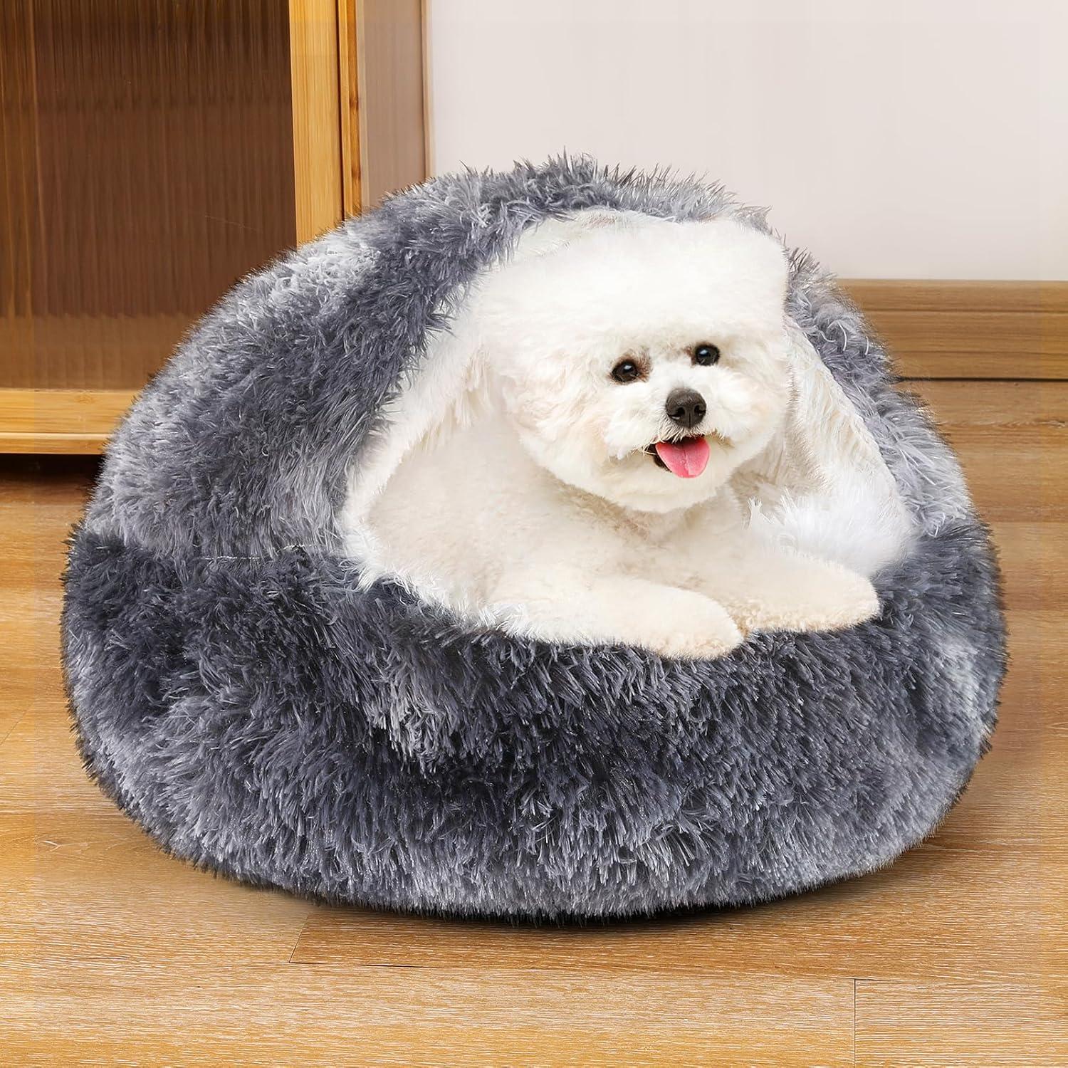 Utoimkio Calming Dog Beds & Cat Cave Bed with Hooded Cover,Portable Round Beds for Small Medium Pets,Anti-Slip Fluffy Coved Pet Bed,Comfortable Warming Pet Bed,15.7"x15.7"