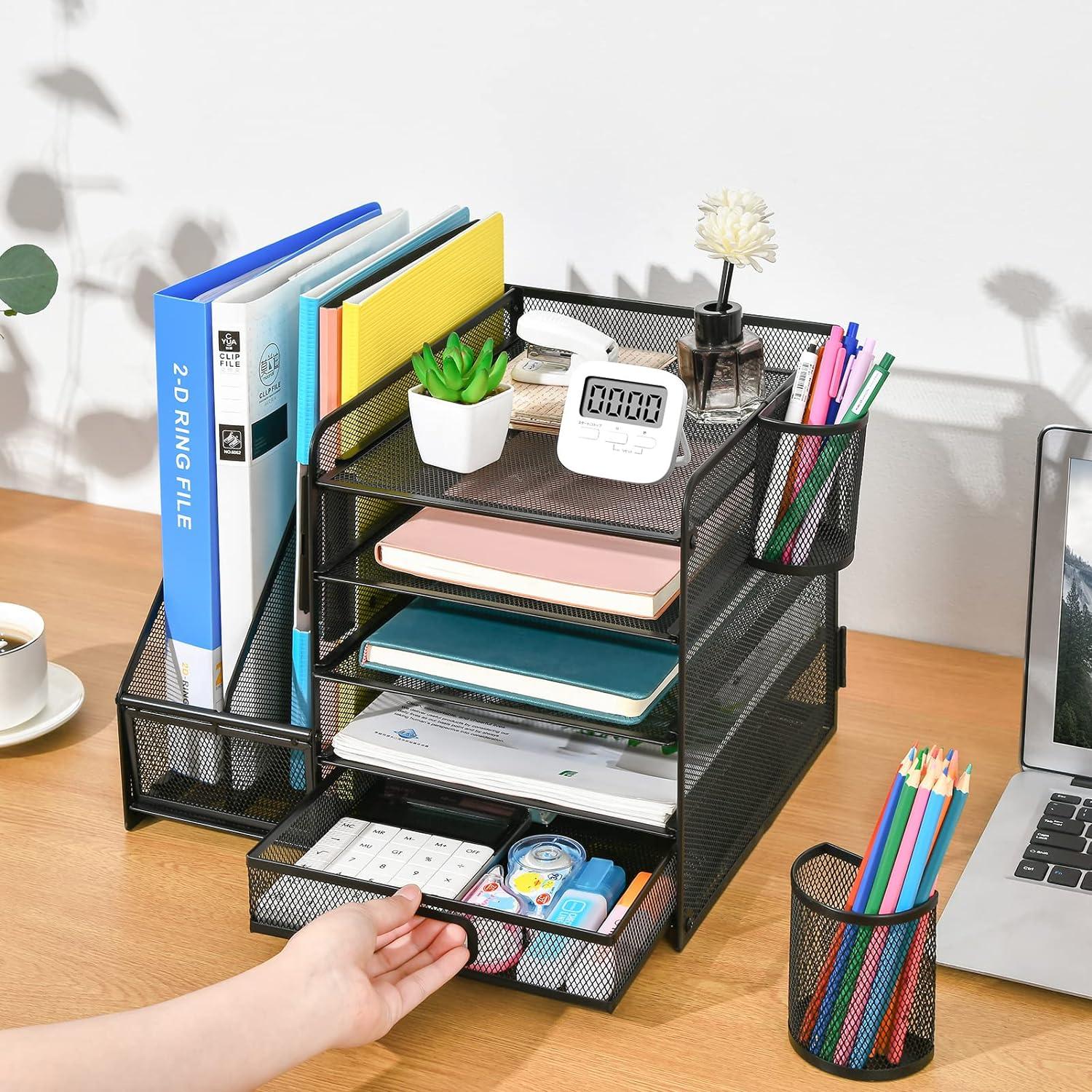 Marbrasse Desk Organizer with File Holder, 5-Tier Paper Letter Tray Organizer, Mesh Desk Organizers and Accessories with Magazine Holder, Desktop Organizer and Storage for Office Supplies