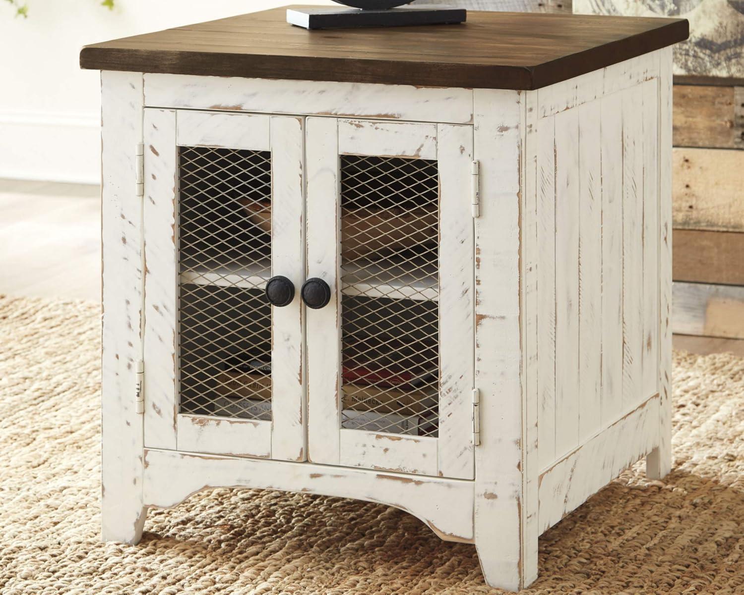 Wystfield End Table White/Brown - Signature Design by Ashley: Modern Style with Storage, Wood Legs & Double Doors