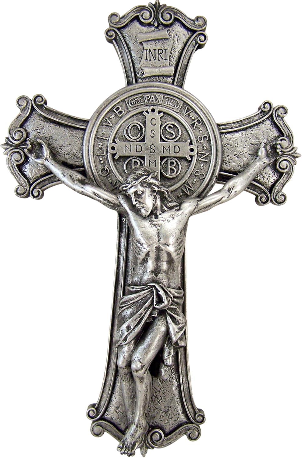 Silver Saint Benedict Wall Crucifix with Medal, 10.25 Inch