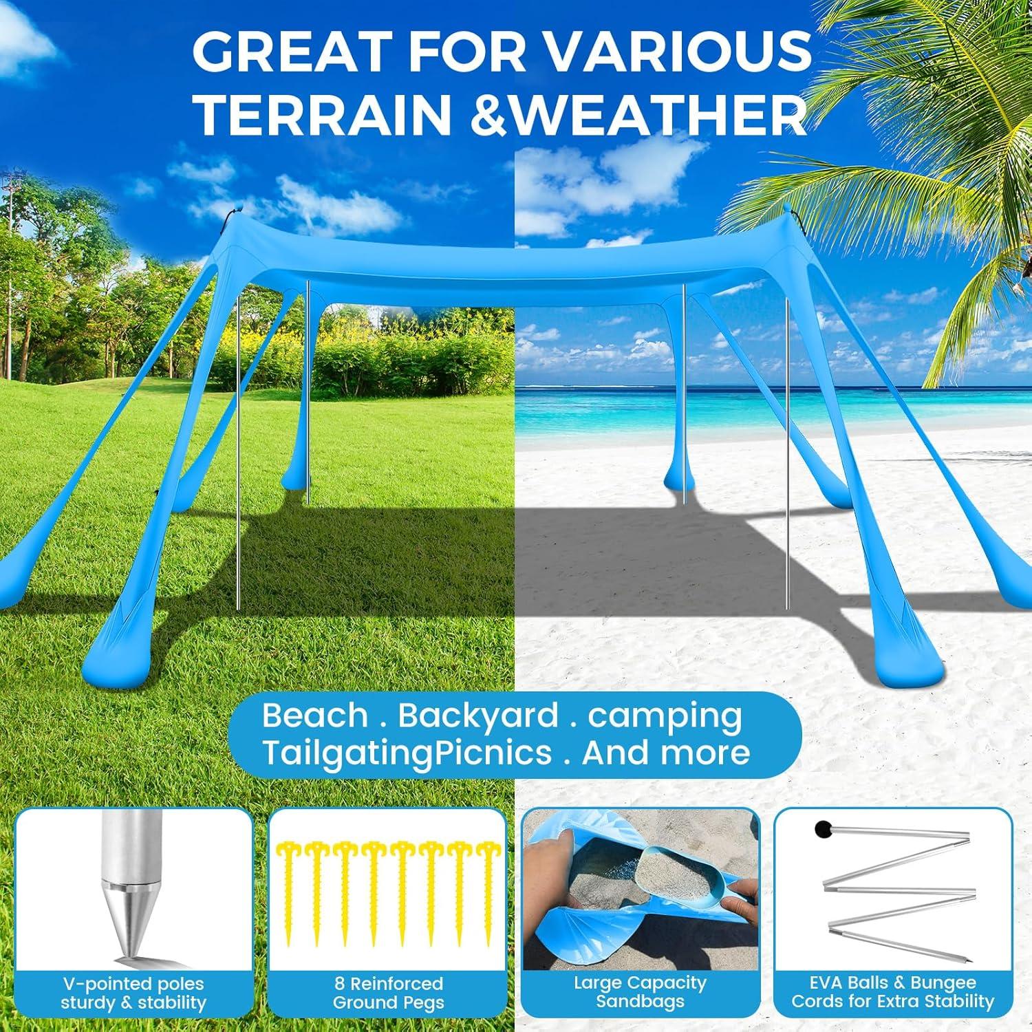 Beach Canopy Beach Tent Pop Up Shade 10x10ft Sun Shelter UPF50+ with 8 Sandbags-2 Sand Shovel-4 Aluminum Poles-Ground Pegs-Portable Carrying Bag for Outdoor Family Camping Fishing Yard Picnic