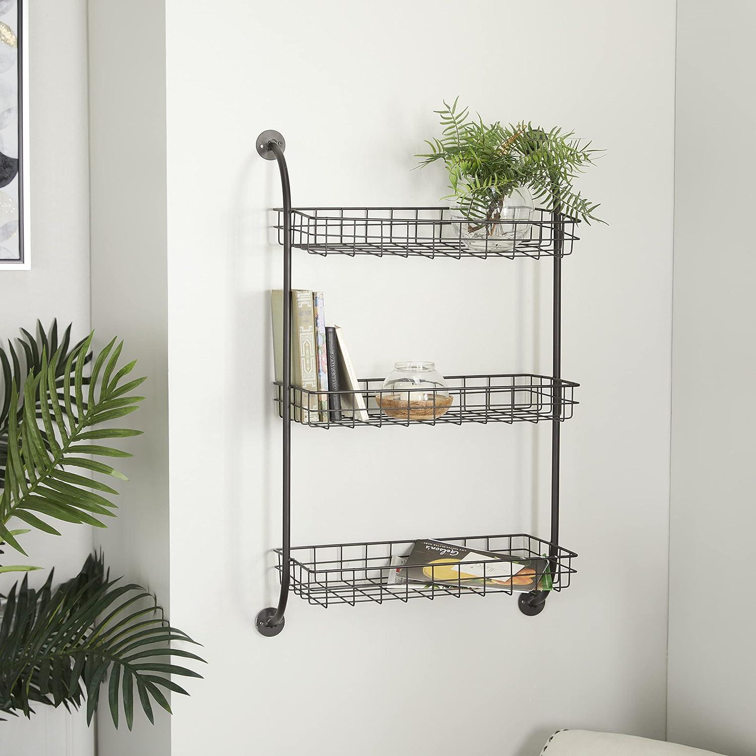 DecMode 21" x 10" 3-Tier Black Wall Shelf with Suspended Baskets