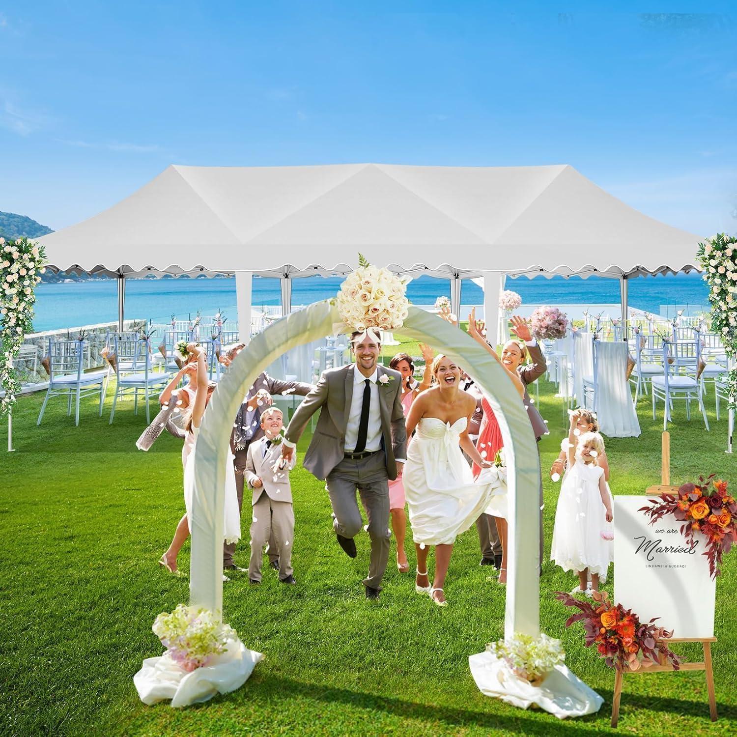 10'x30' EZ Outdoor Pop Up Canopy Tent, Waterproof and Sunproof Beach Canopy with 8 Removable Sidewalls, Heavy Duty Party Wedding Canopy, Height Adjustable Comes with 4 Sandbags, Rolling Bag (White)