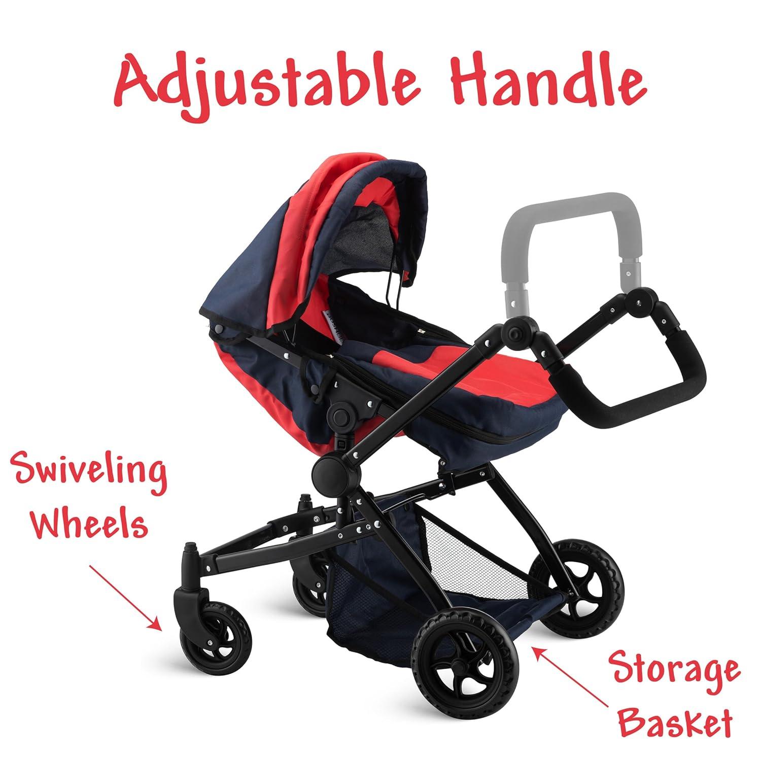 Double Doll Stroller for Twin Baby Dolls - Convertible Seat Toy Stroller for Toddlers 3 Years and up, Adjustable Handle with Storage Basket, Red Design for Kids
