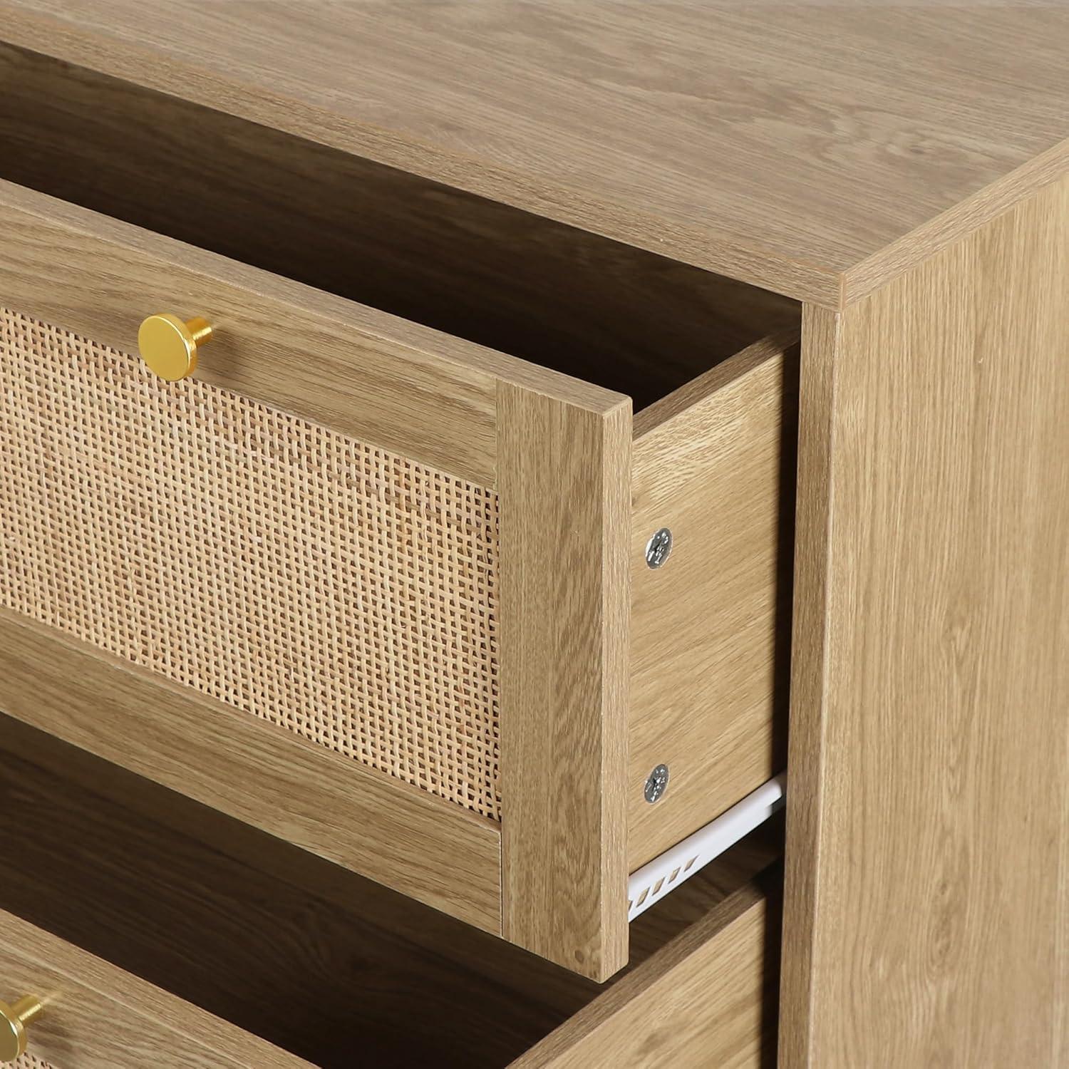 Natural Wood and Rattan 3-Drawer Dresser Set with Golden Handles