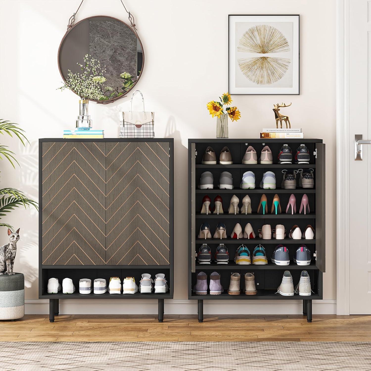 Gray and Black 6-Tier Wood Shoe Cabinet with Herringbone Design