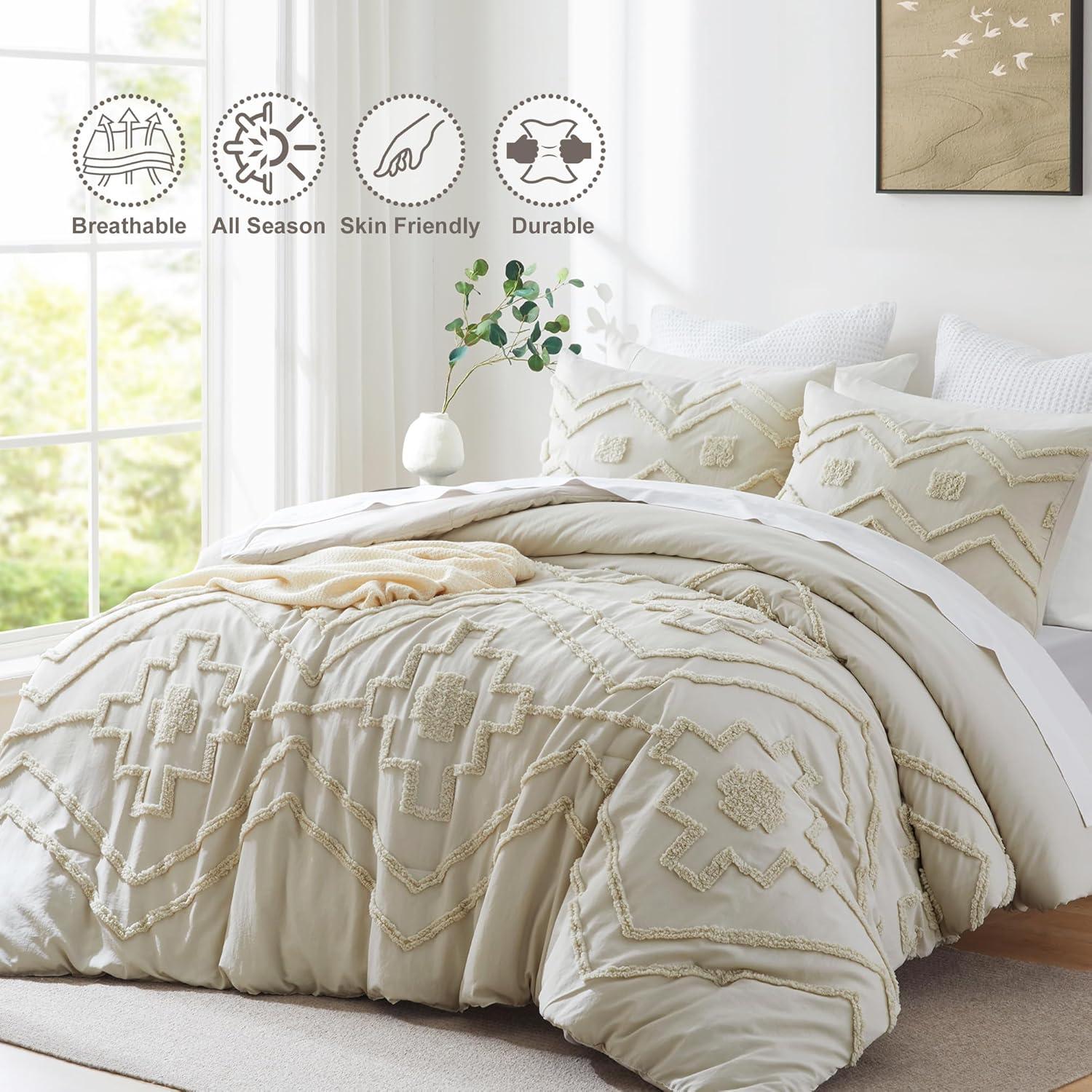 Oli Anderson Cream King Comforter Set Tufted Bedding Set King 3 Pieces, Boho Shabby Chic Comforter with 2 Pillowcases (Cream,King)