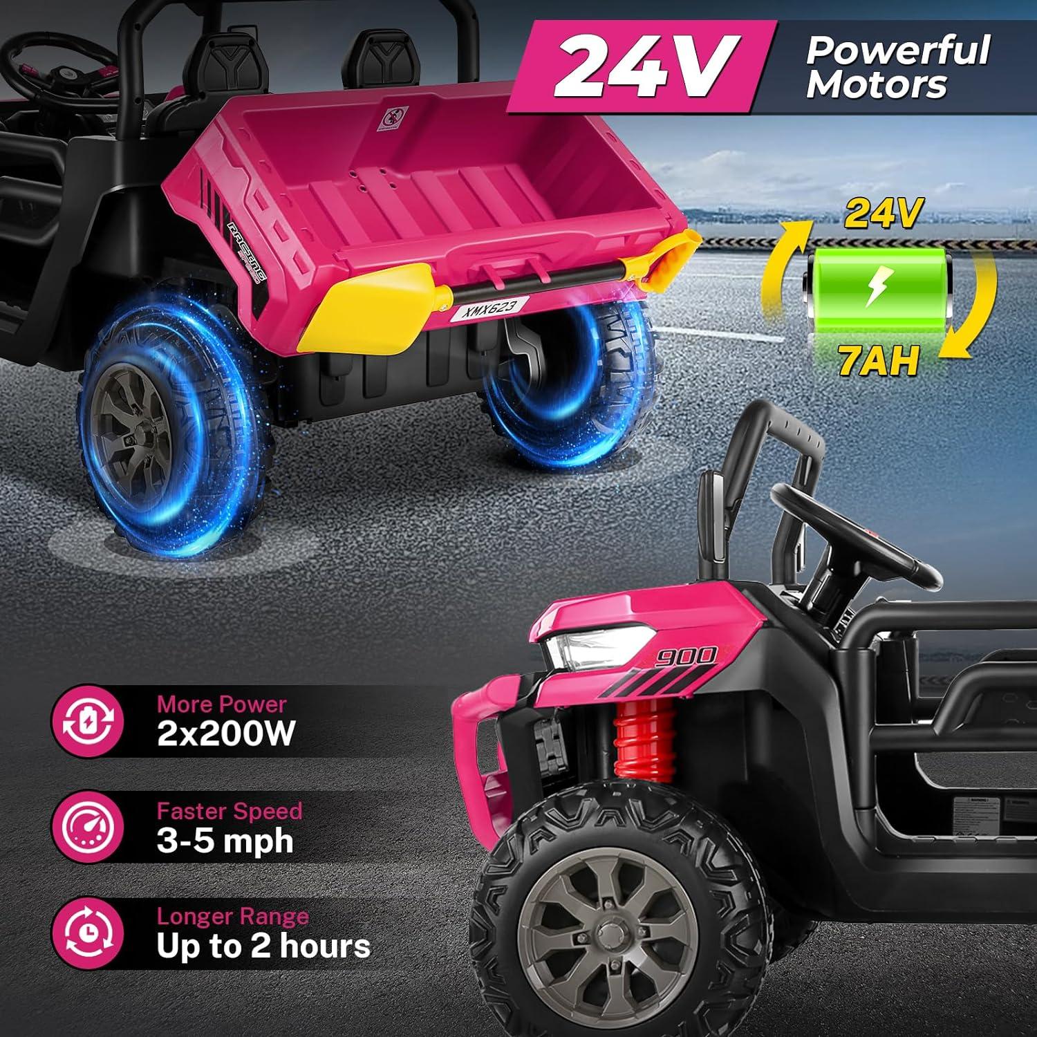 24V Kids Ride on Dump Truck with Remote Control, 2 Seater Powered 4-Wheel UTV Toys, 2x200W Ride on Tractor Car w/ Electric Dump Bed, Shovel, Bluetooth Music, Pink