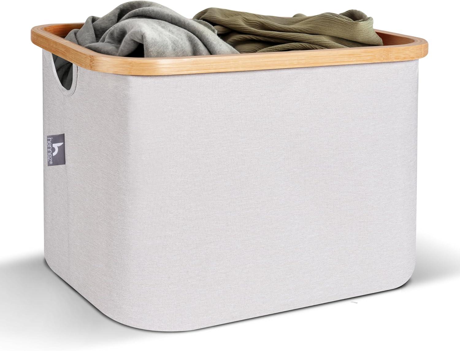 Hennez® Double Laundry Hamper with Lid, 2x Removable Bags, Thic Fabric, Bamboo Hamper 140Liter - 36gal - Light Gray