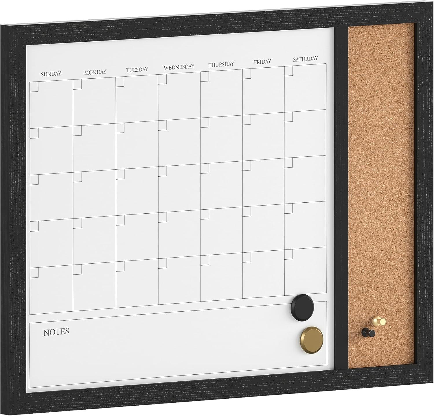 Martha Stewart Everette 24"x18" Magnetic Dry Erase Monthly Calendar and Cork Board Combo with Included Marker, Magnets, and Push Pins, Black Woodgrain Frame