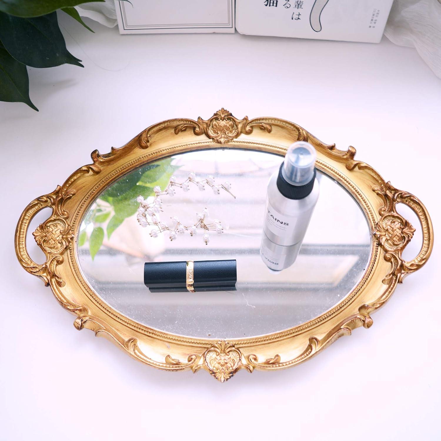 PortPlugs Mirrored Tray,Decorative Mirror for Perfume Organizer Jewelry Dresser Organizer Tray & Display,Vanity Tray,Serving Tray,9.8'' x 14''(Gold)