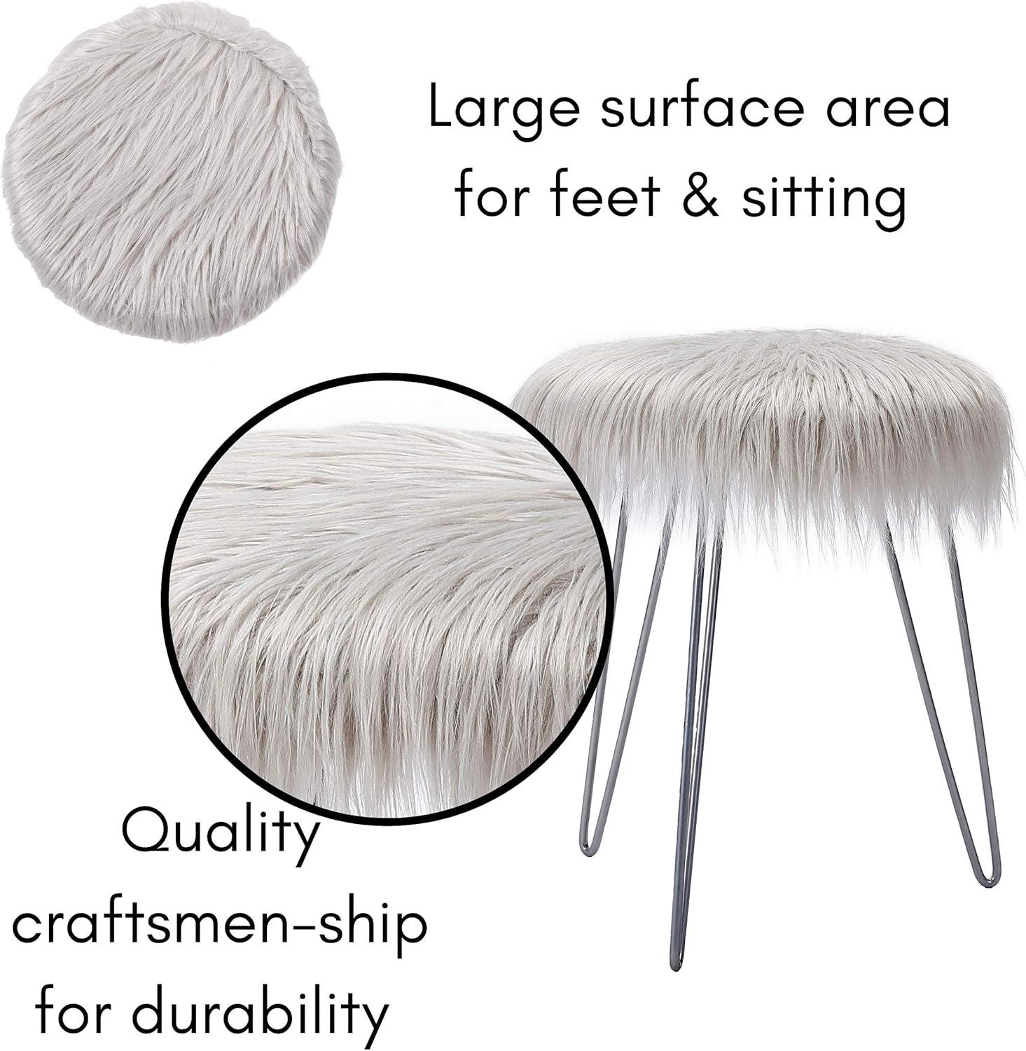 BirdRock Home Round Faux Fur Foot Stool Ottoman - Grey with Silver Legs