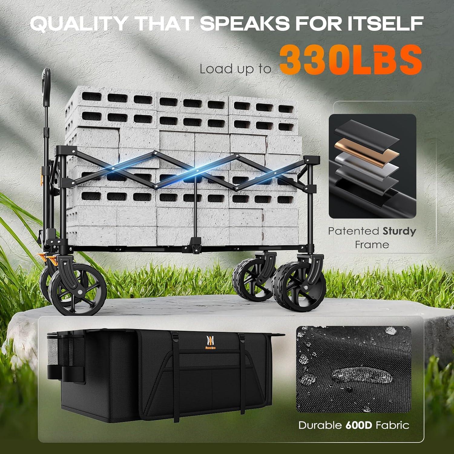 140L Collapsible Wagon Cart Foldable, Folding Utility Grocery Cart with Side Pocket and Brakes for Shopping, Sports, Camping and Garden, Black