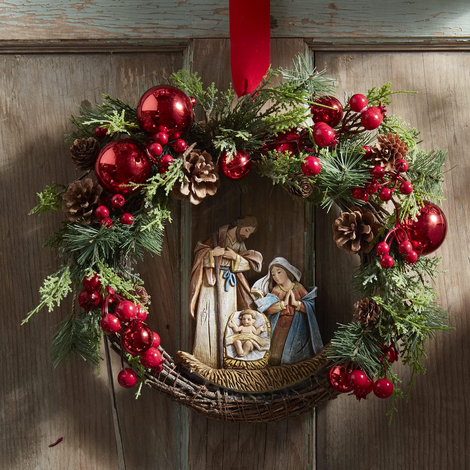 15-Inch Pine Cone and Grapevine Christmas Wreath with Nativity Scene