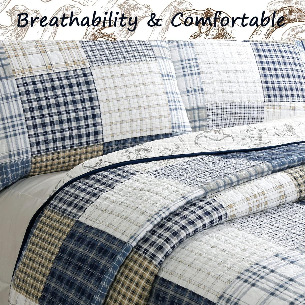 Cozy Line Home Fashions Benjamin Cute Dinosaur Plaid Printed Pattern 100% Cotton Quilt Bedding Set, Reversible Coverlet,Bedspread for Kids Boy (Dinosaur,Queen - 3 Piece)