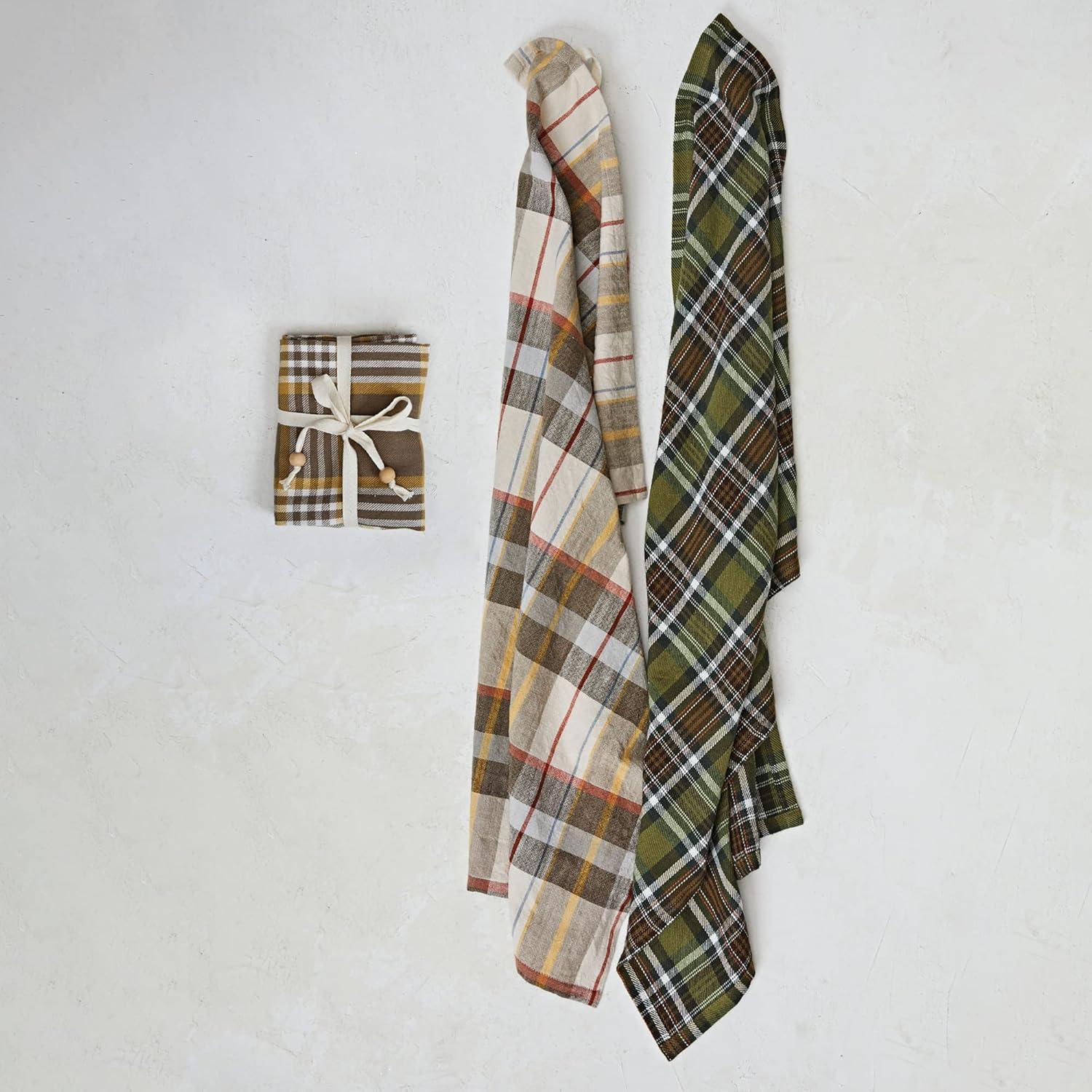 Creative Co-Op 28" L x 18" W Cotton Printed Tea Towels w/Tie w/Wood Beads, Multi Color Plaid, Set of 3