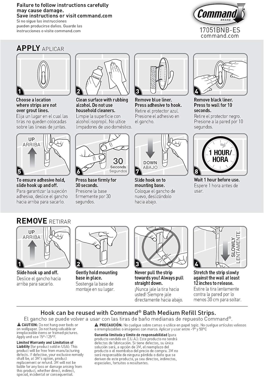 Command Bath Traditional Brushed Nickel Hook, Medium, 1 Wall Hook, 2 Water Resistant Strips