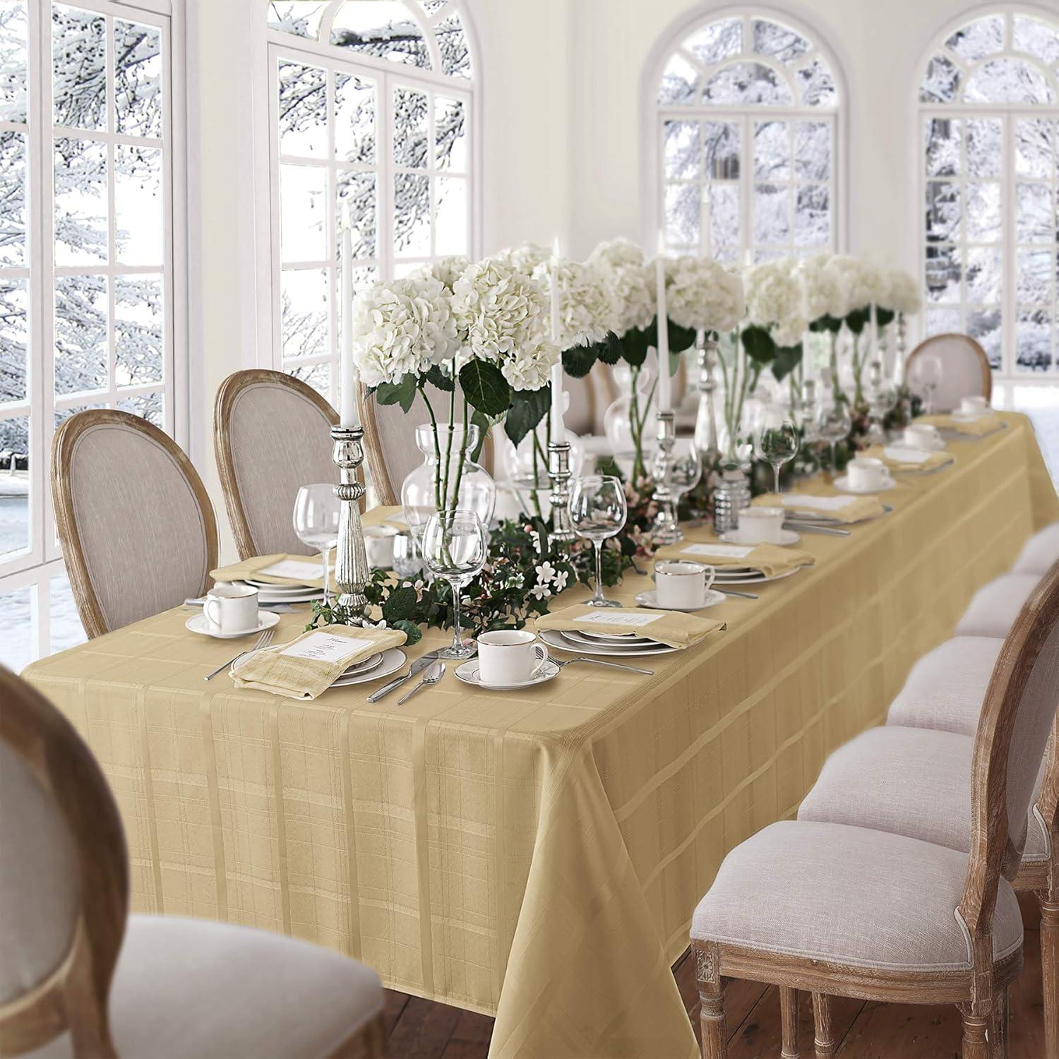 Elegance Plaid Stain & Water Resistant Tablecloth - 60" x 144" Rectangle - Ribbon Gold - Elrene Home Fashions