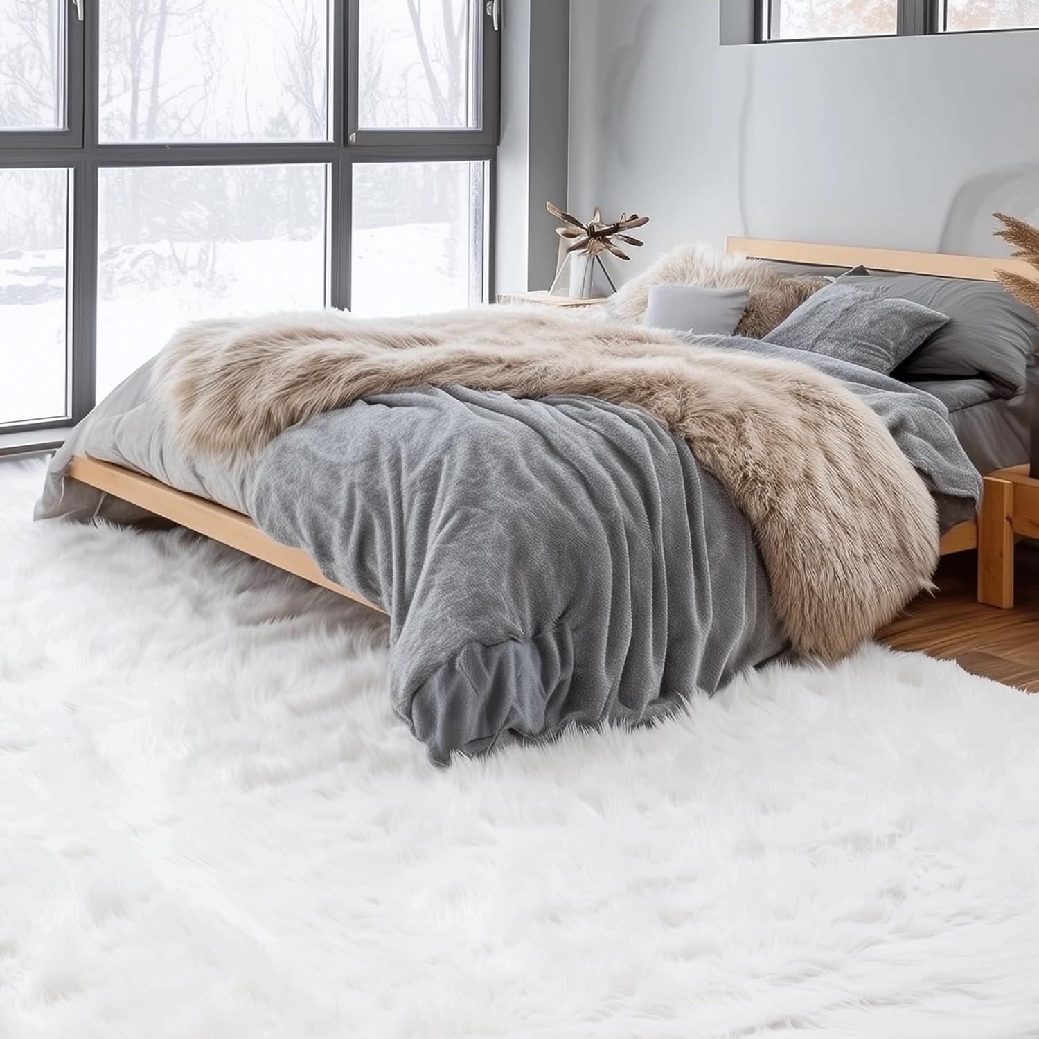 Diller White Faux Sheepskin Fur Machine Washable Shag Fluffy Area Rug