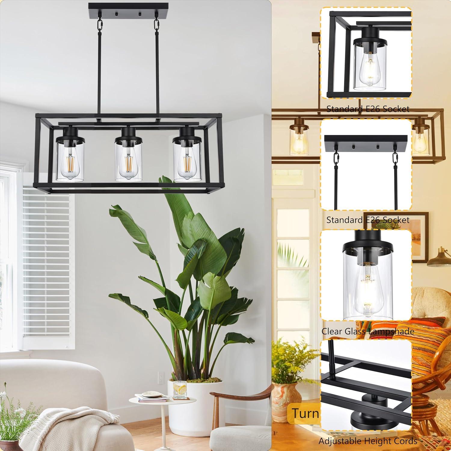 Black Metal and Glass 3-Light Kitchen Island Pendant