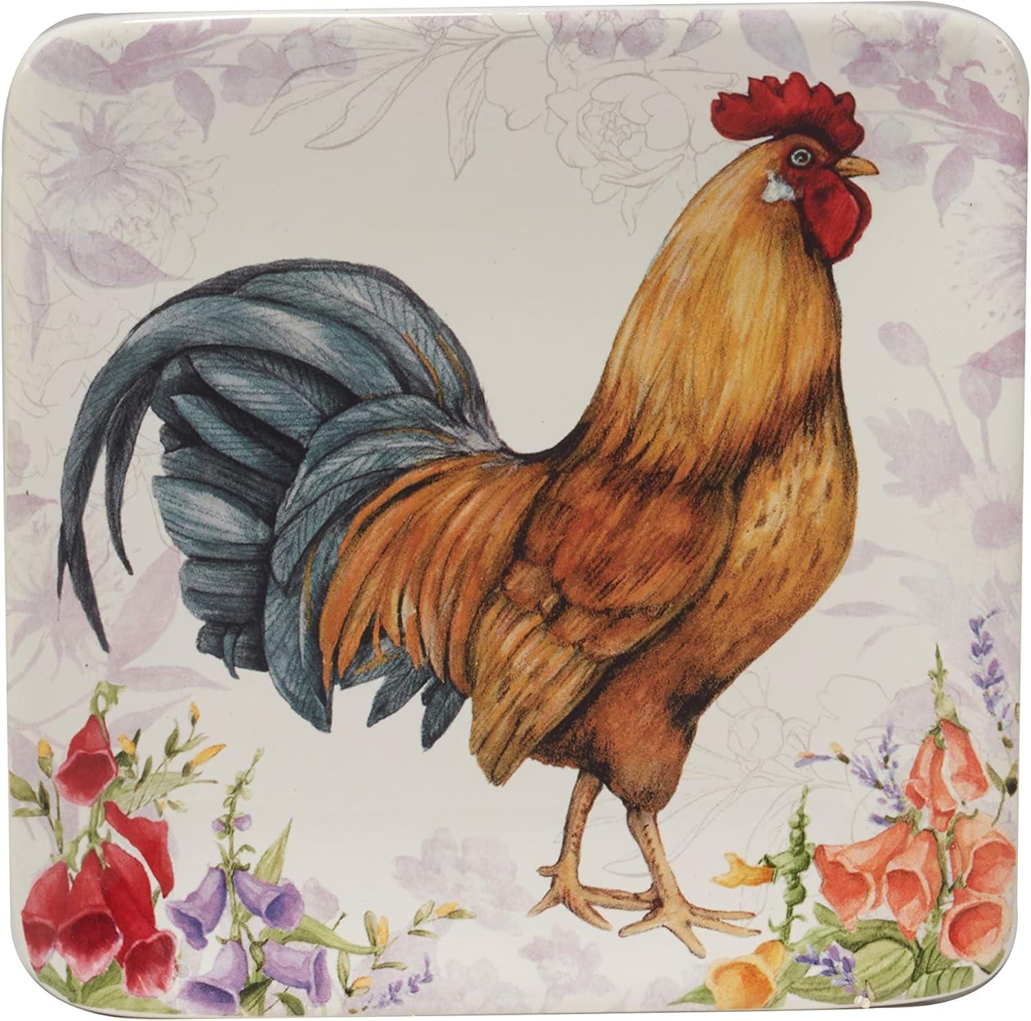 Hand-Painted Ceramic Rooster Square Salad Plates, Set of 4