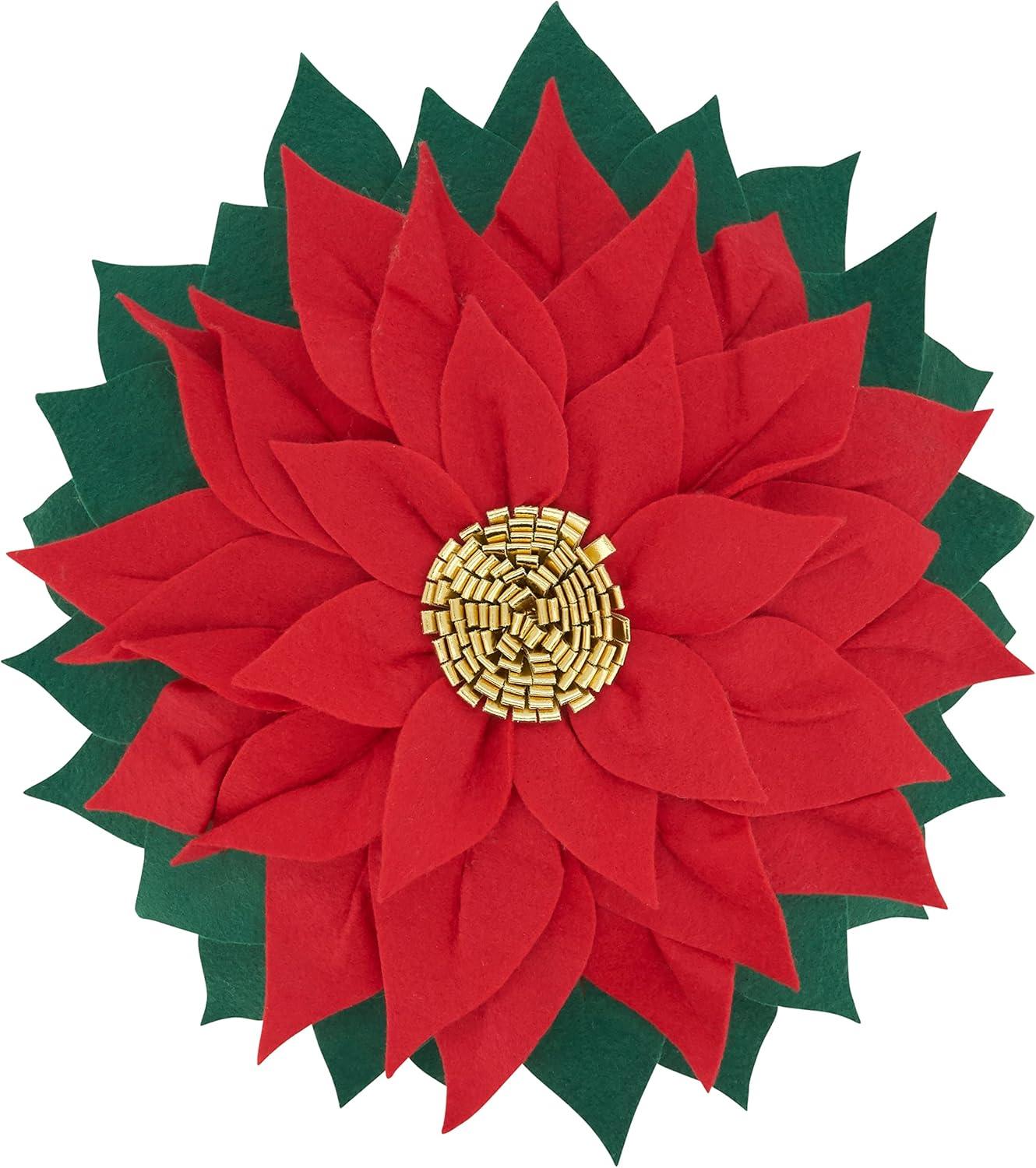 Red and Green Felt Poinsettia Round Throw Pillow