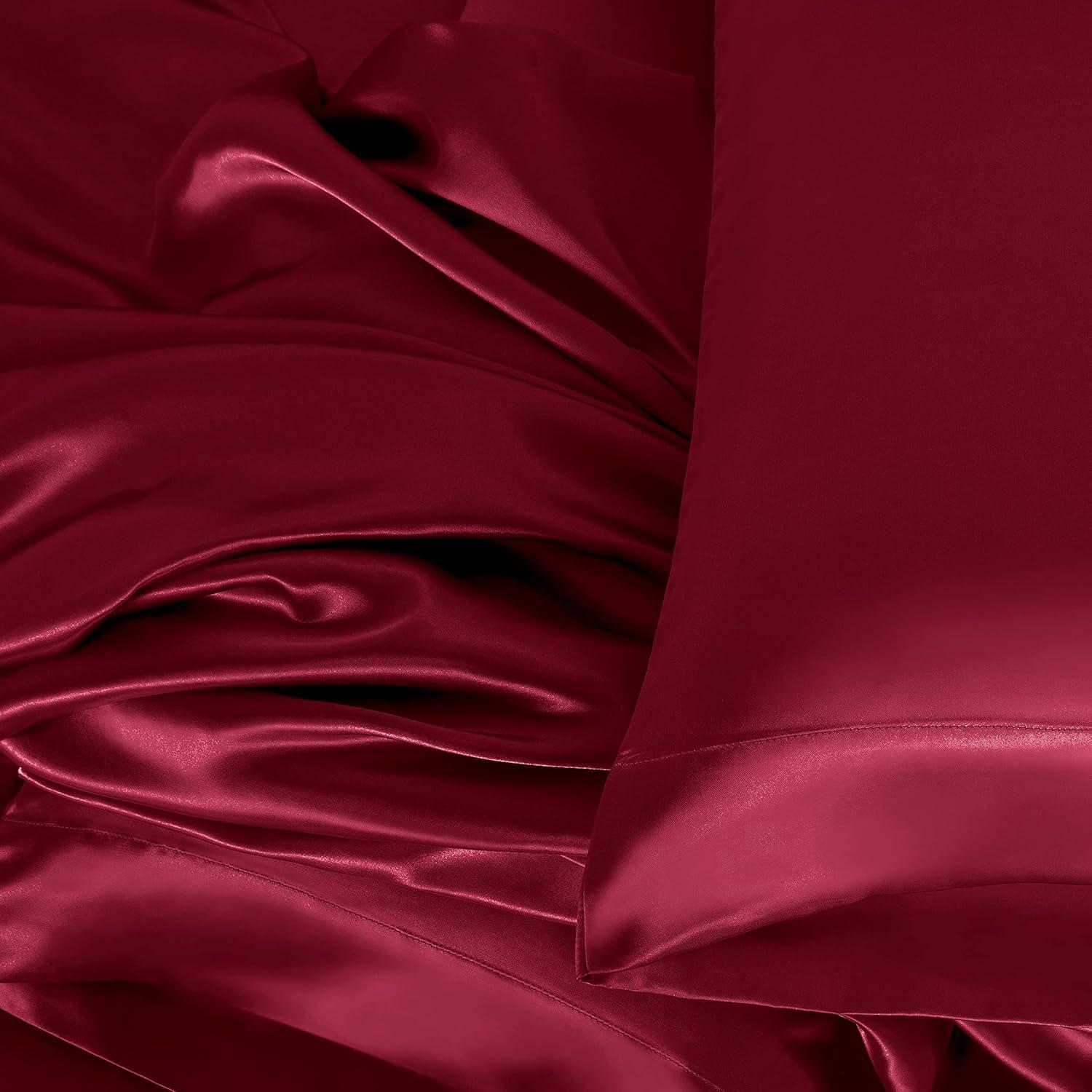 Cloud Fino Luxurious Satin Bed Sheets Burgundy Silk Sheets King 15 " Deep Pocket Pillowcases Sheet, 4-Piece