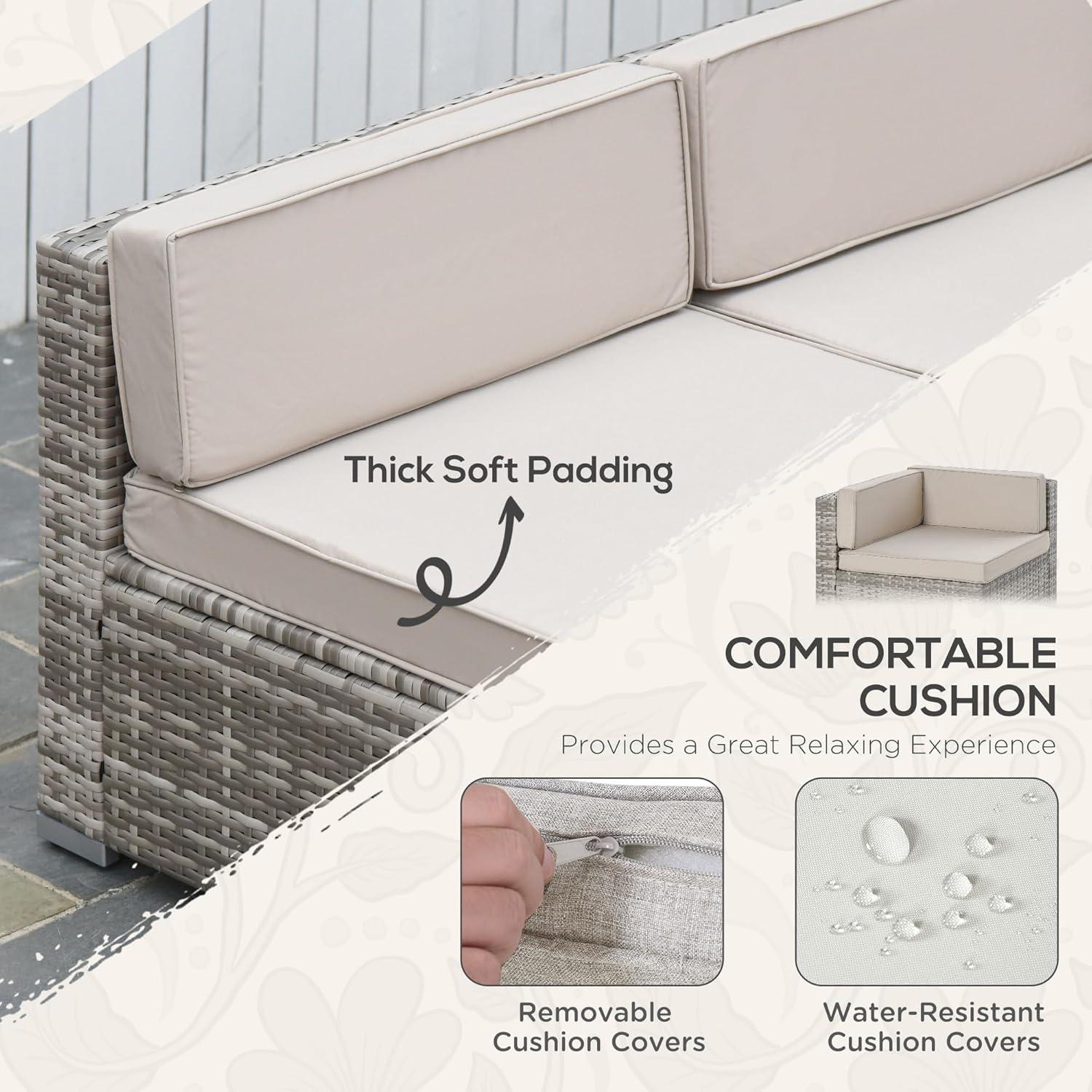 Outsunny 7-Piece Patio Furniture Set, Outdoor Wicker Conversation Set, All Weather PE Rattan Sectional Sofa w/ Faux Wood Table, Stripe Pillows, Gray