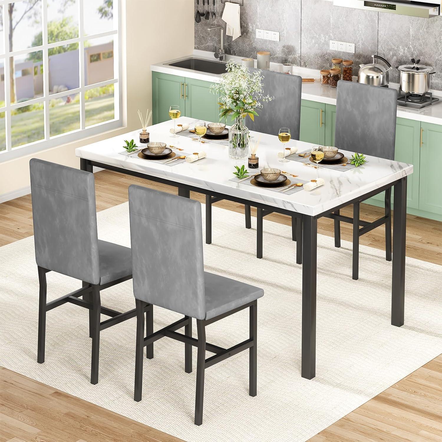 Recaceik 5-Piece Marble Dining Table Set with 4 Velvet Metal Frame Chairs for 4, 31.2"H Table