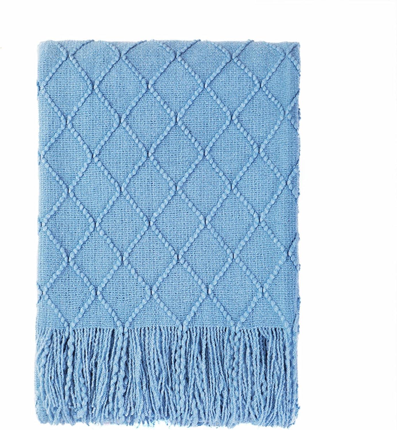 Blue Knitted Acrylic Sofa Throw Blanket with Fringe, 50" x 60"