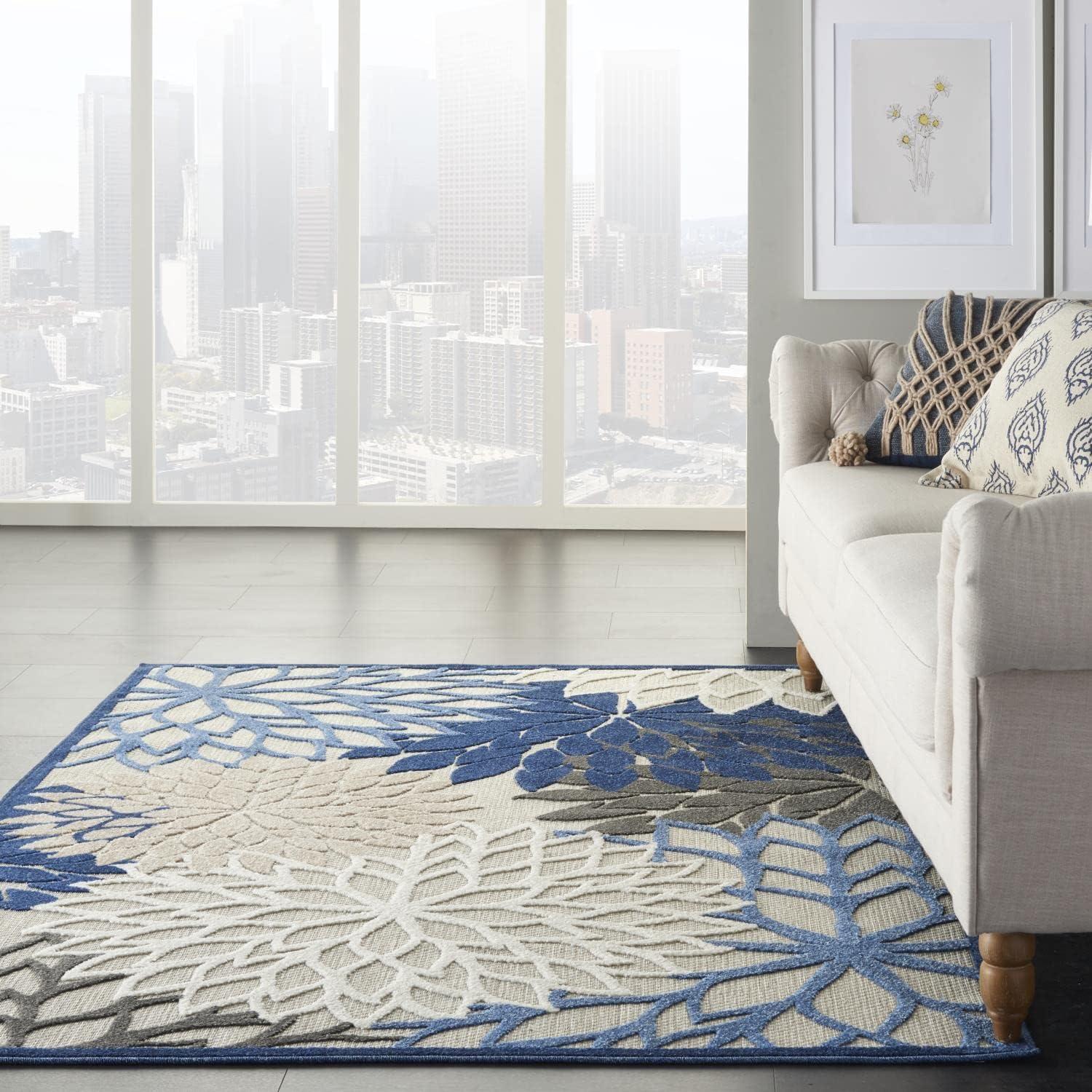 Nourison Aloha Floral Bloom Flatweave High-Low Indoor Outdoor Area Rug Blue/Multicolor 3'6" x 5'6"