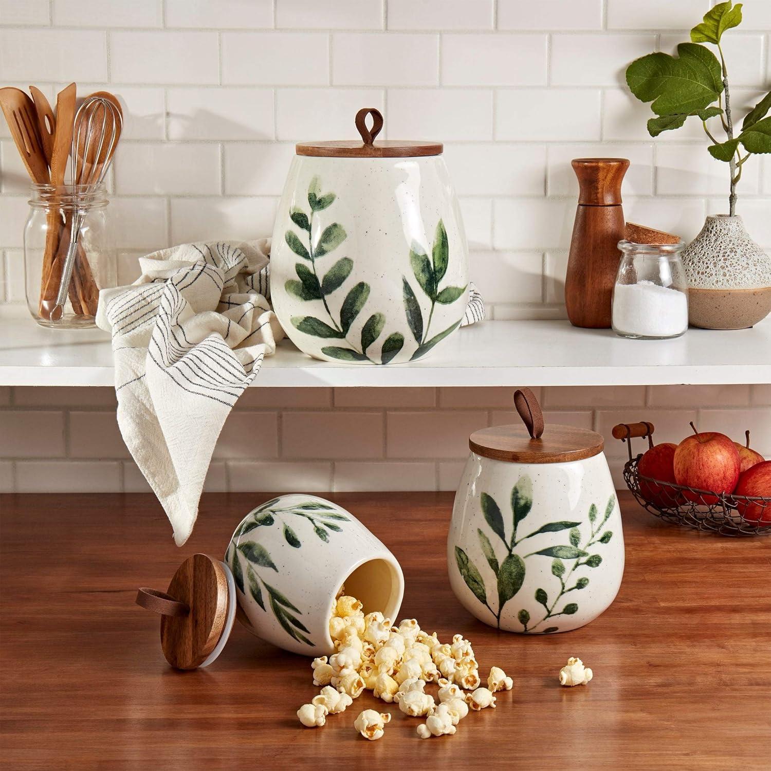 Green Leaf Ceramic Canister Set with Acacia Wood Lids