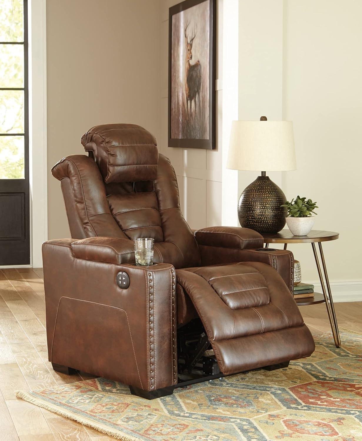 Ashley Furniture Owner's Box Faux Leather Power Recliner in Thyme