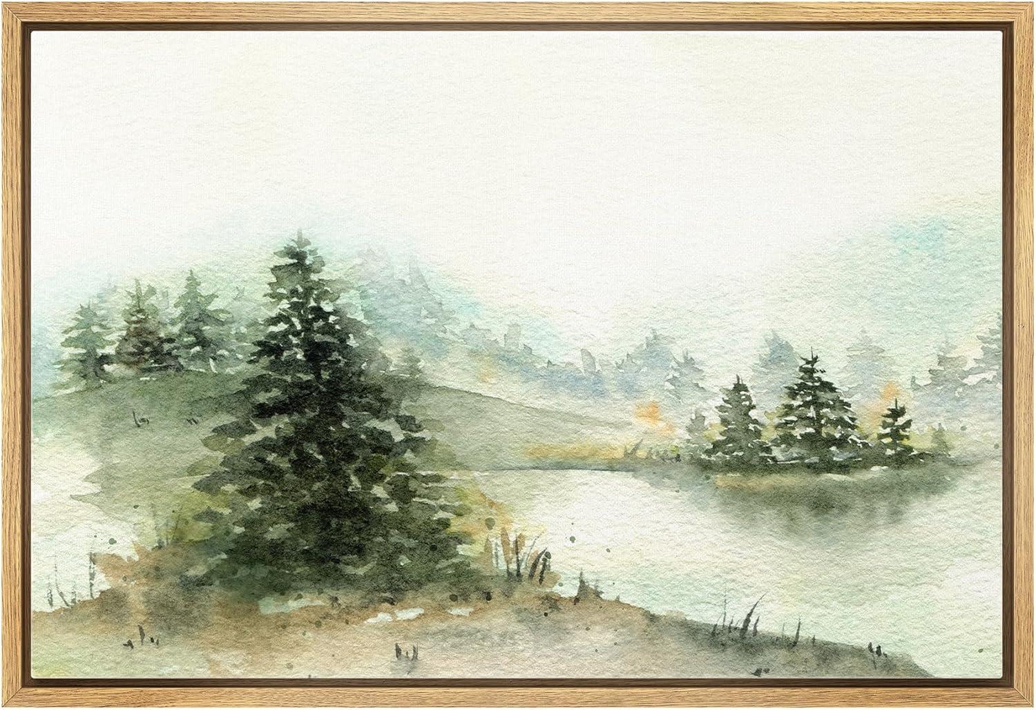 IDEA4WALL Woodland Forest Landscape " IDEA4WALL Framed Canvas Print Wall Art Woodland Nursery Decor Pastel Green Pine Tree Forest Landscape Nature Wilderness Fine Art Decorative Rustic For Living Room, Bedroom, Office "