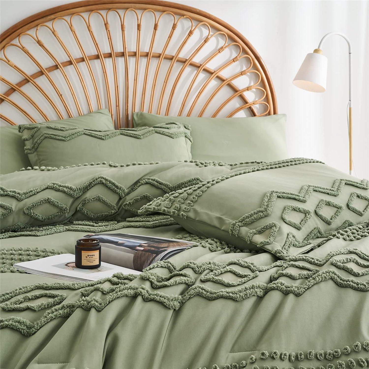 Sage Green Microfiber King Boho Comforter Set with Pom-Pom Accents